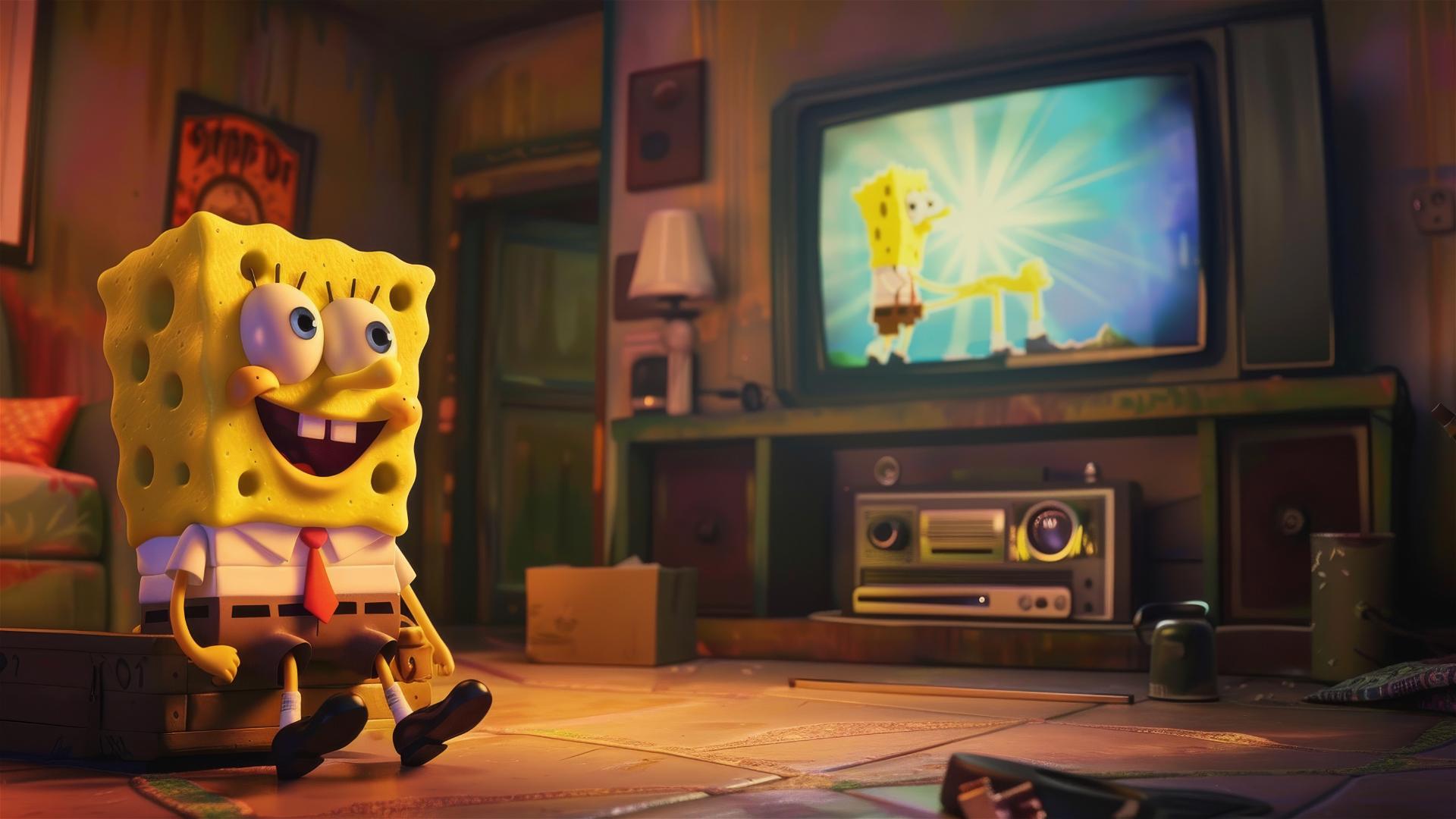 SpongeBob-like cartoon figure in front of giant TV screen