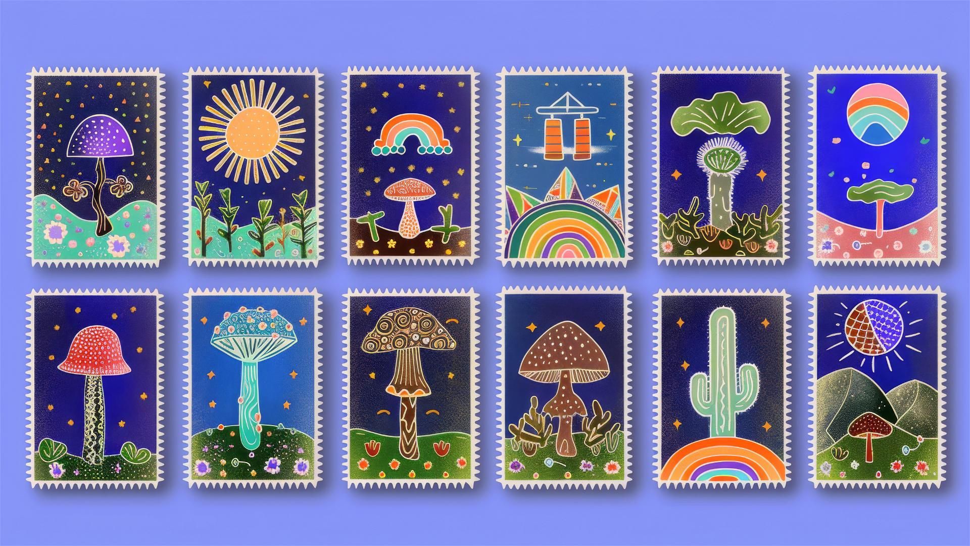 Grid of colorful postage stamps with bold shapes and patterns on blue background