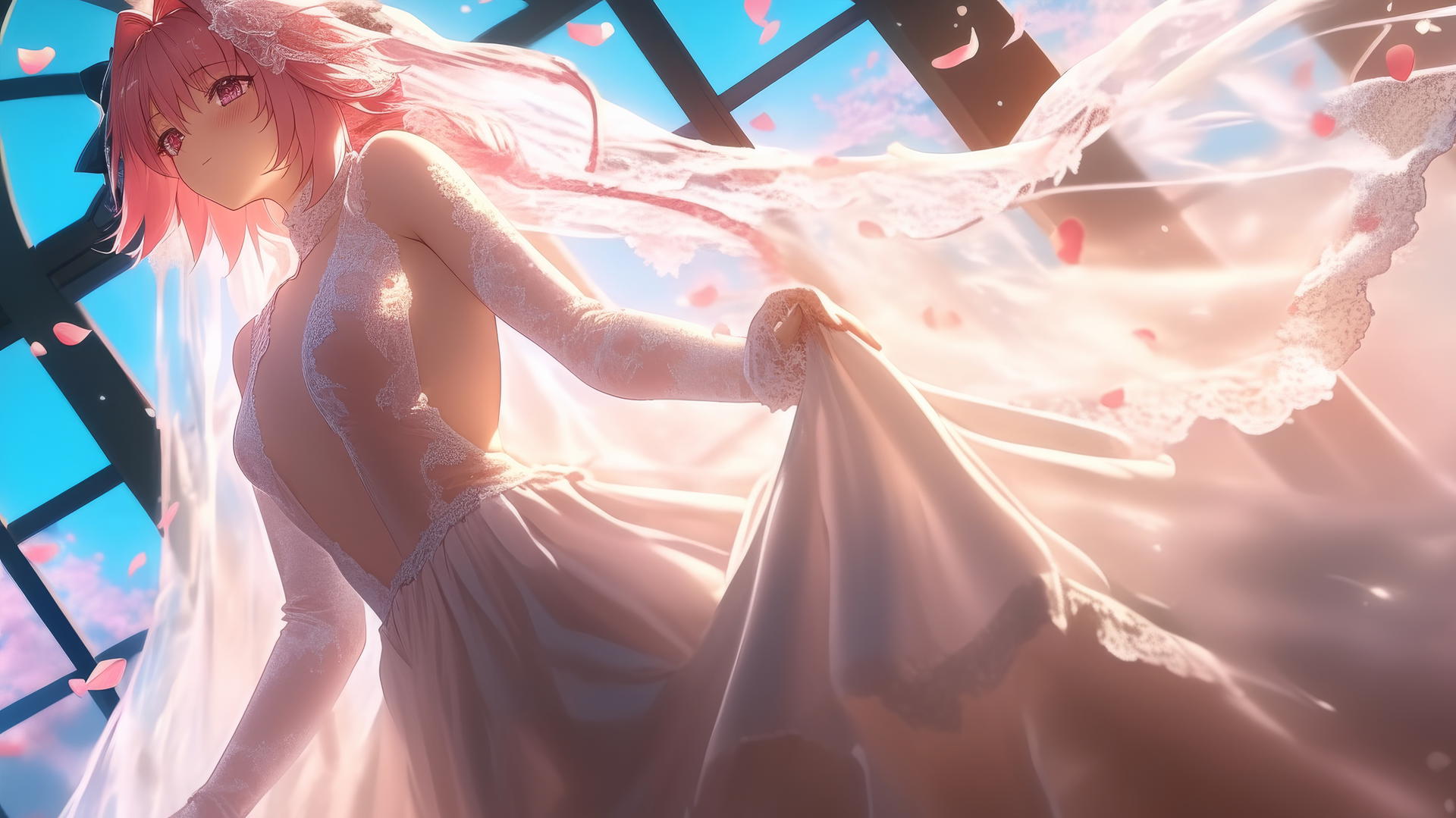 Astolfo in wedding dress kneeling, leaning with warm glow