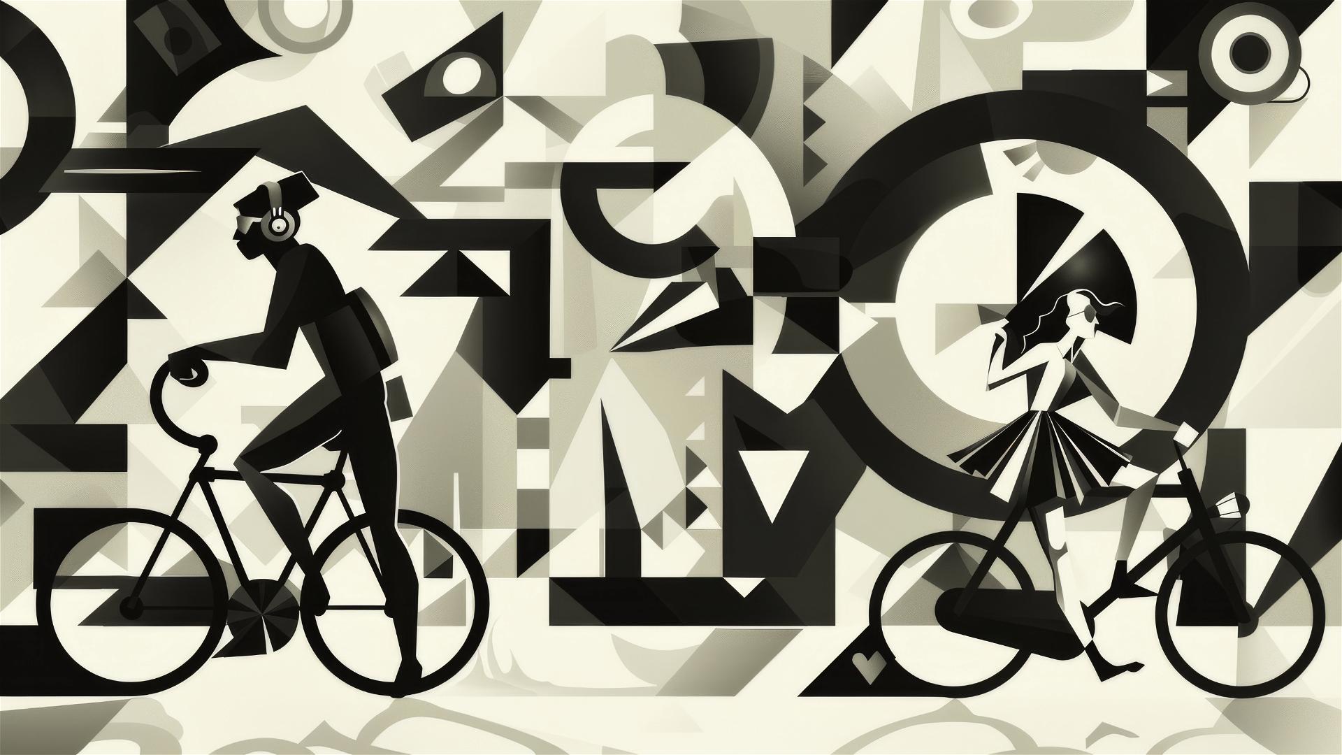 Abstract geometric shapes with silhouettes of a bicyclist, dancing girl, and a reading girl.