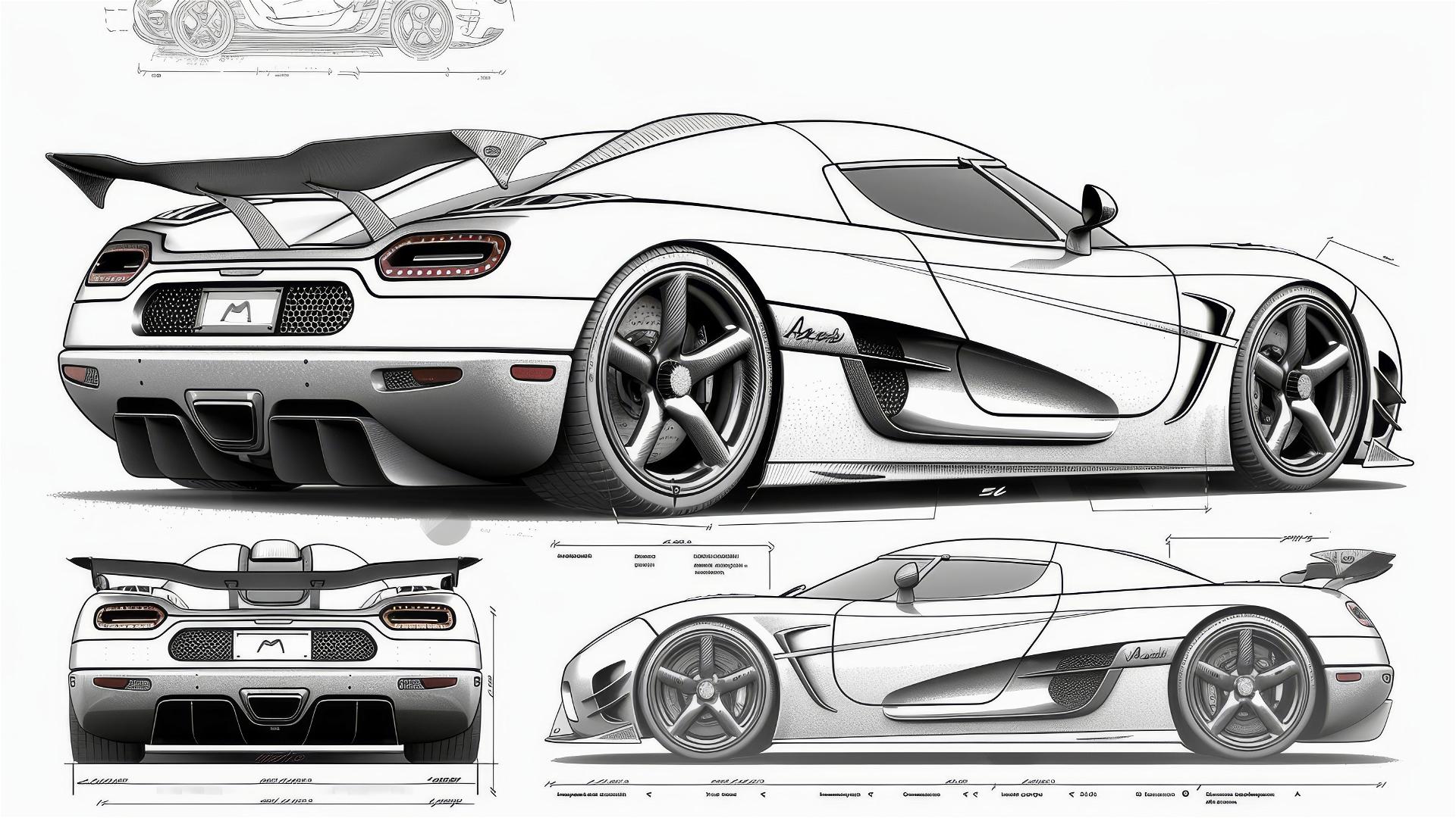 Black and white blueprint and sketch of Koenigsegg Agera