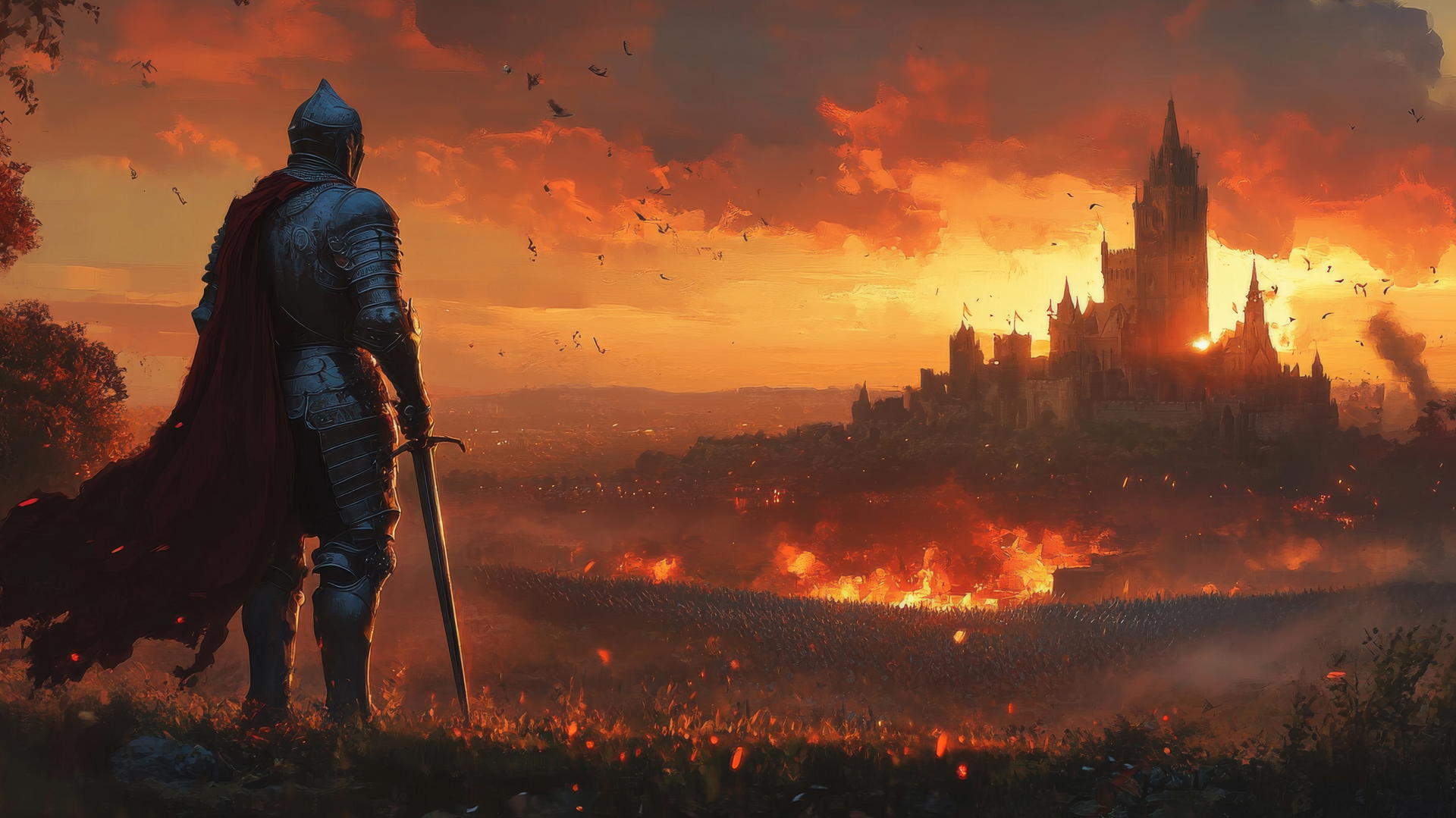 heroic knight in shining armor with fiery sunset and castles background, cool wallpapers for boys