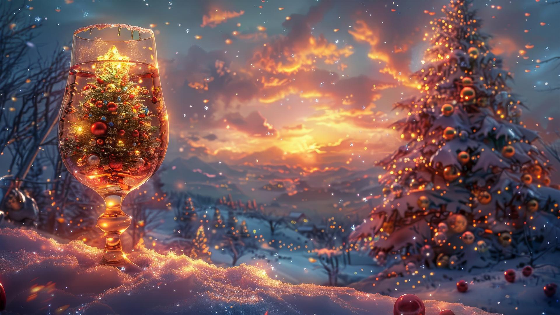 Joyful winter landscape in a glass with a Christmas tree