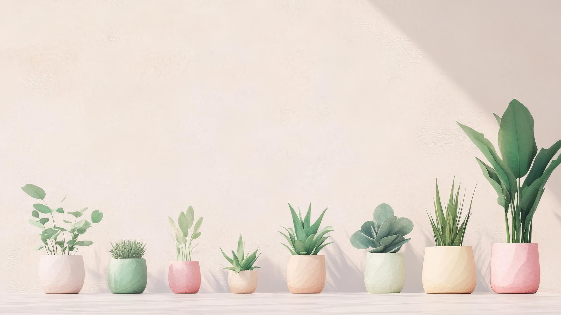 Cute aesthetic wallpapers with hand-drawn plants in pastel pots on light background