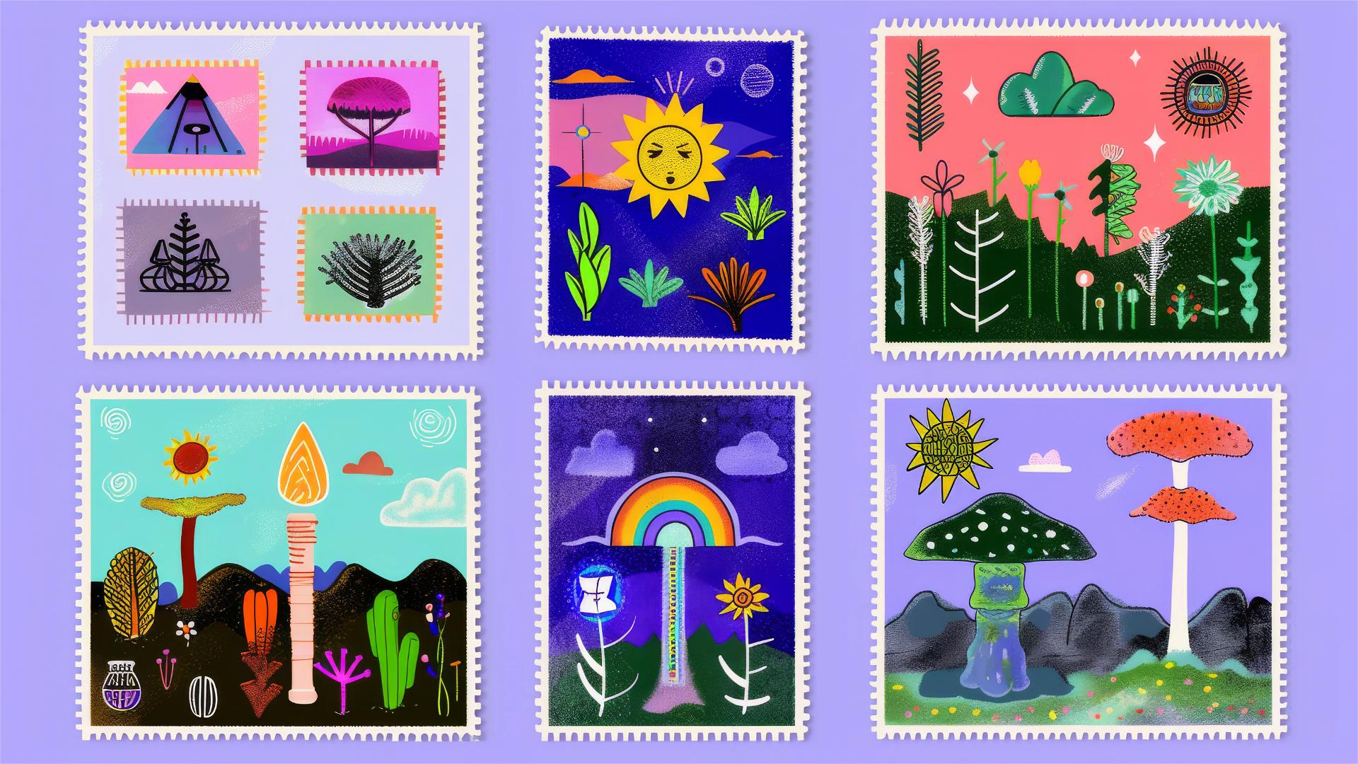 A grid of colorful postage stamps with bold shapes, flowers, suns, and rainbows on a blue background.