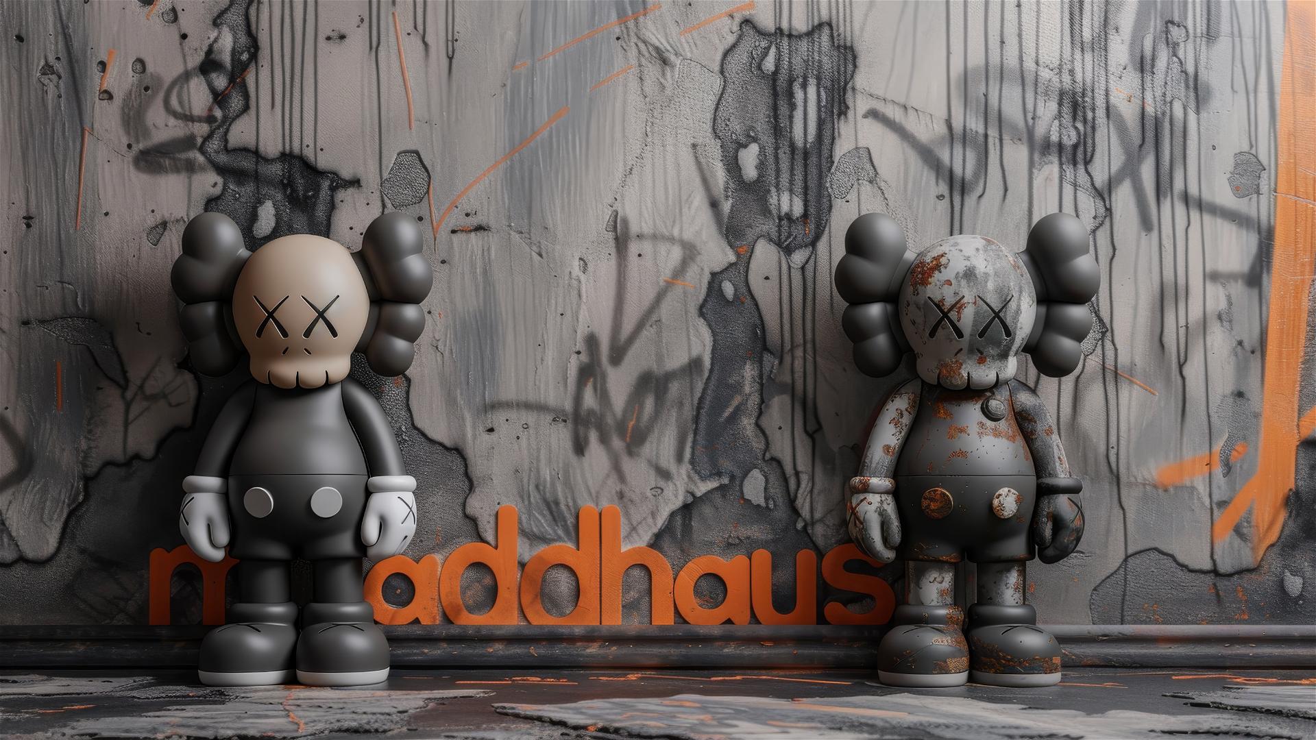 Kaws with 'maddhaus' written, grey background, orange letters, urban textures.