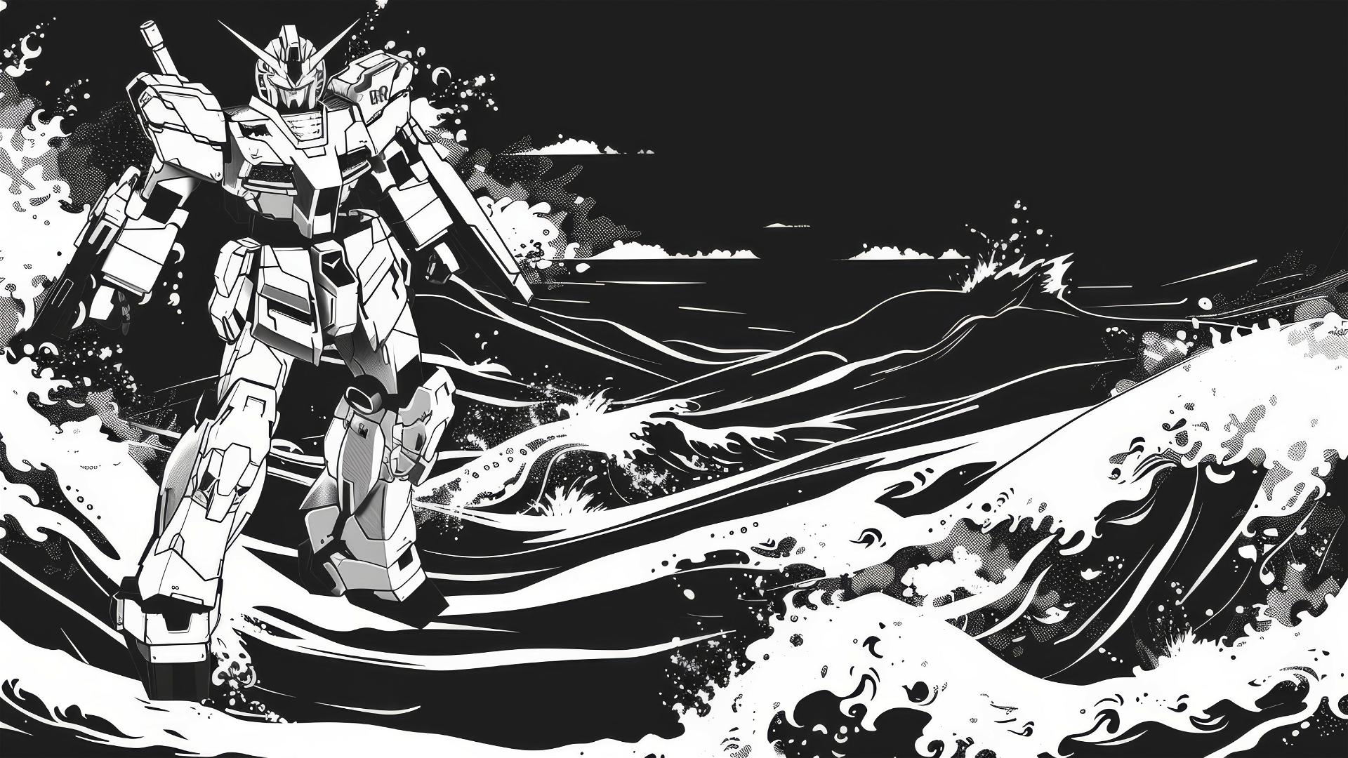 Minimalistic black and white vector illustration of ripple waves with flat design Gundam