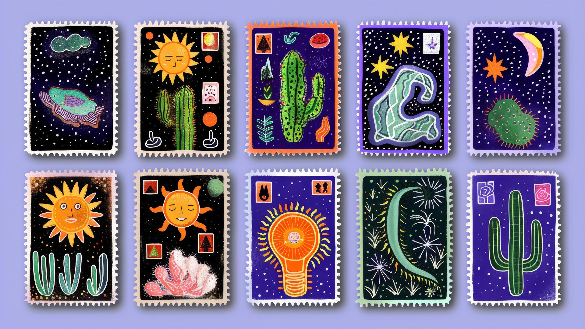 Grid of colorful postage stamps with bold shapes and patterns on a blue background