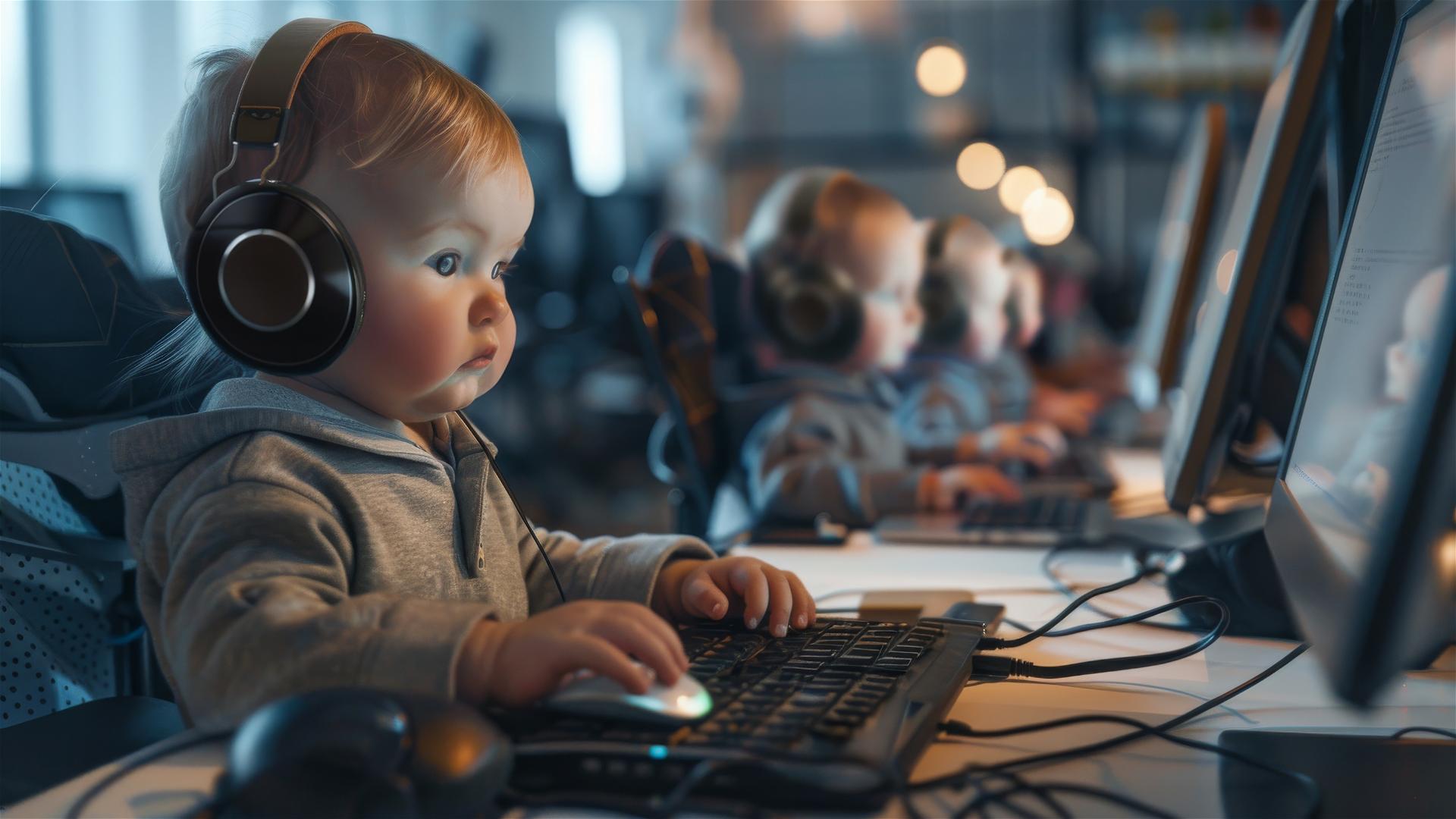 Babies in office with headphones programming on computers