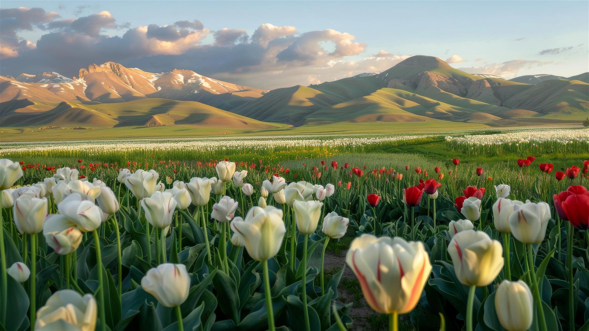 Sunset view of hills with white and red tulips, grassy areas, and idol-shaped mountains.