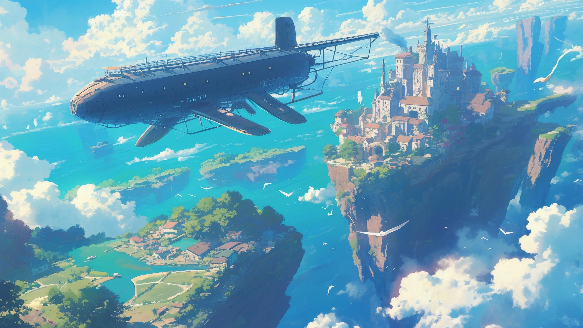 Ghibli-style airship flying over landscapes and oceans.