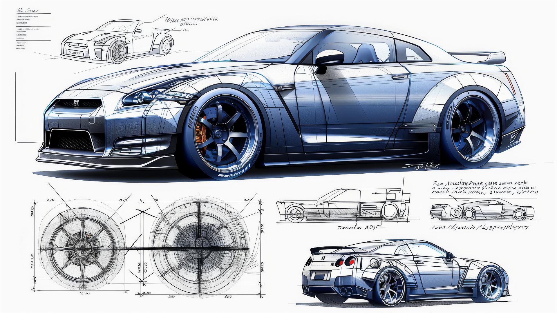 Black and white Nissan GT-R blueprint and front view sketch.