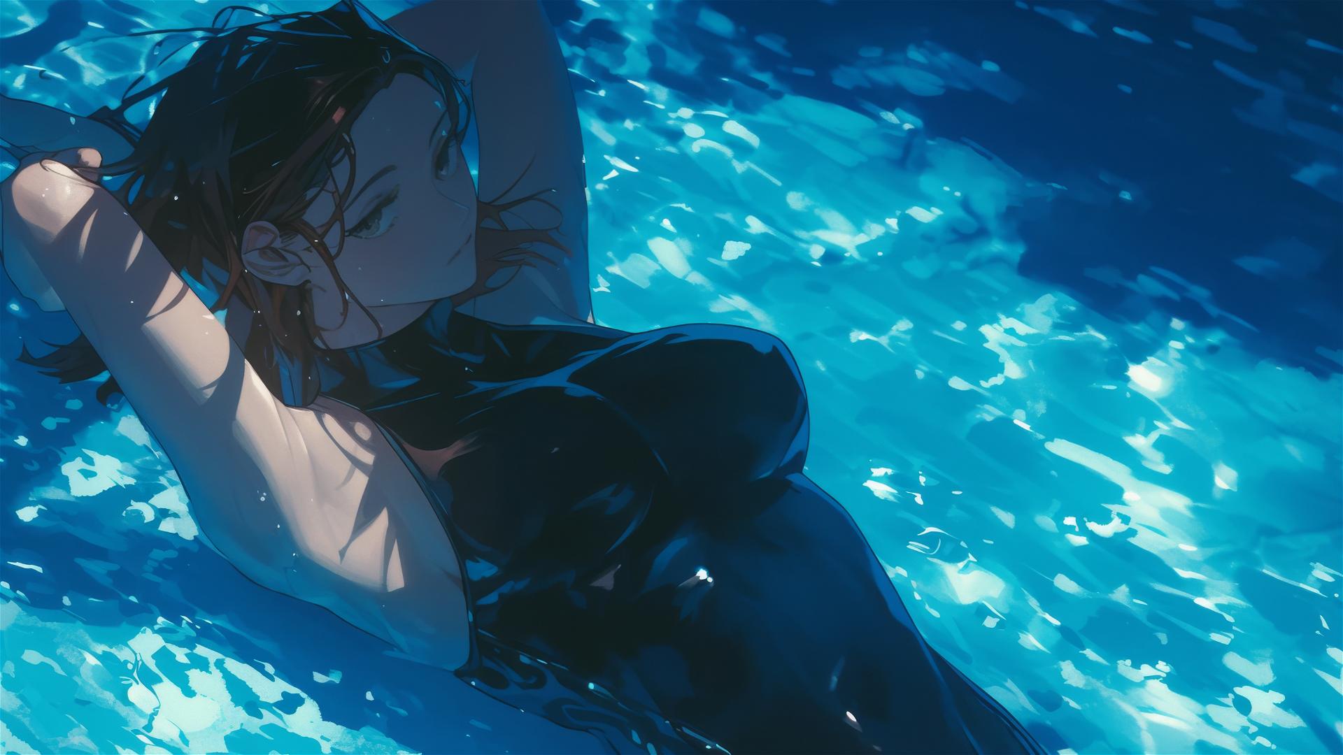 Nobara Kugisaki from Jujutsu Kaisen swimming under moonlight