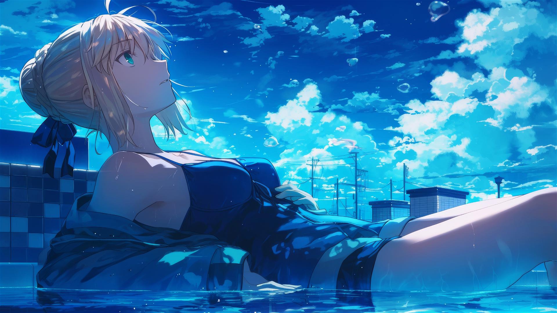 Saber from Fate/Zero resting by pool under moonlight