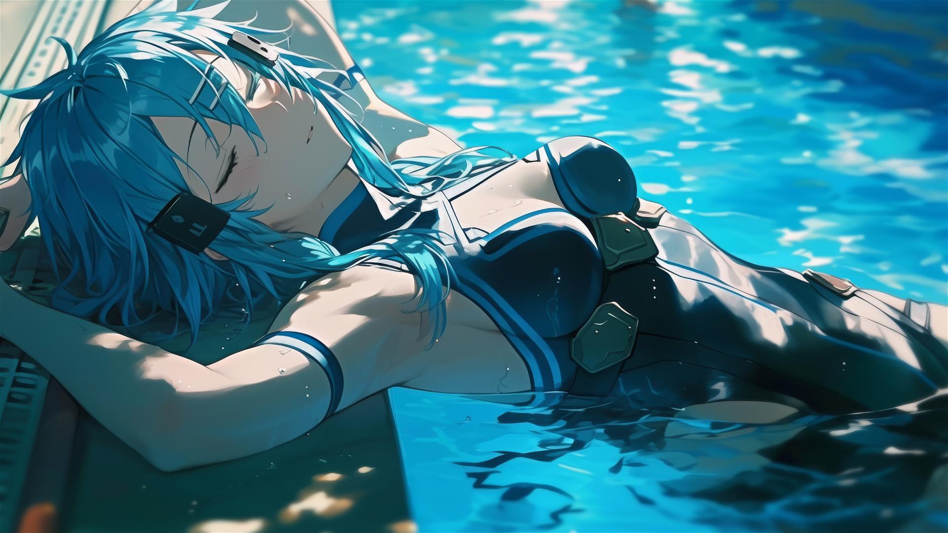 Sinon from SAO resting poolside by moonlight