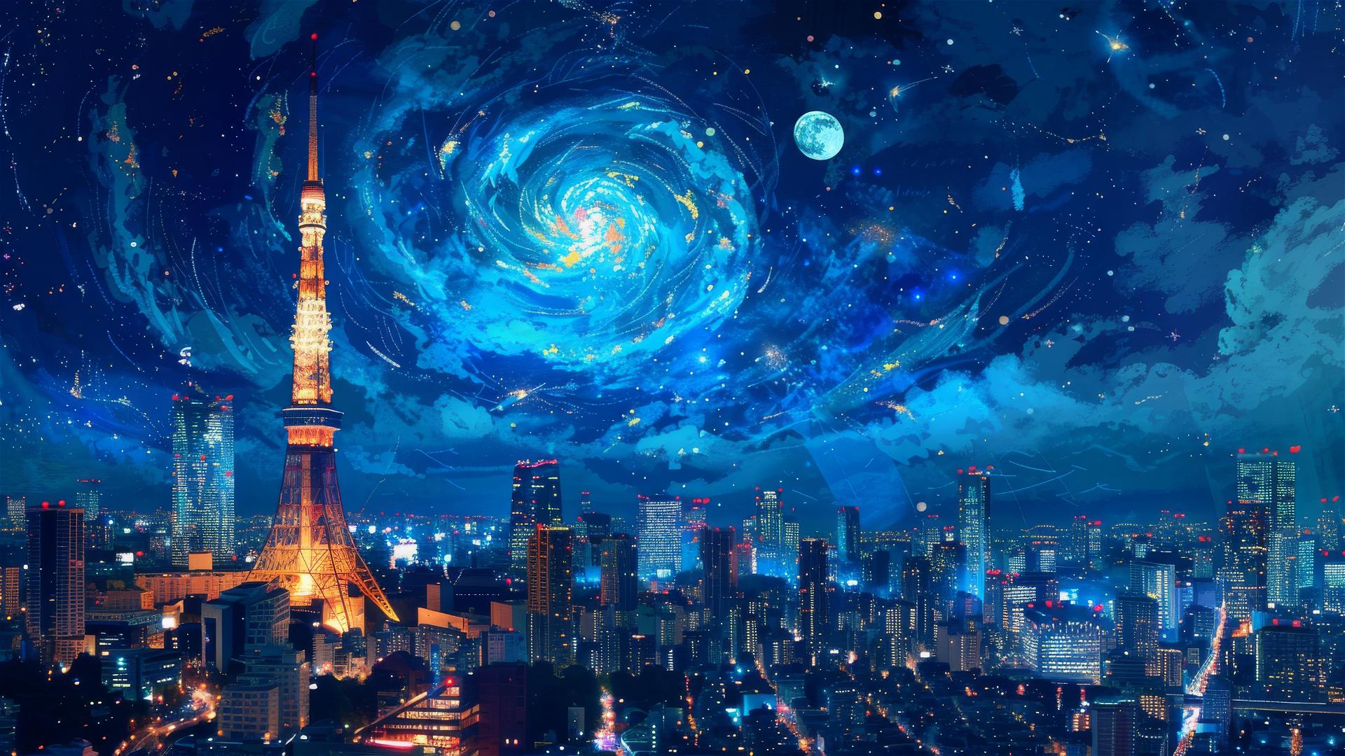 Tokyo Tower at night with swirls of stars inspired by van Gogh's Starry Night