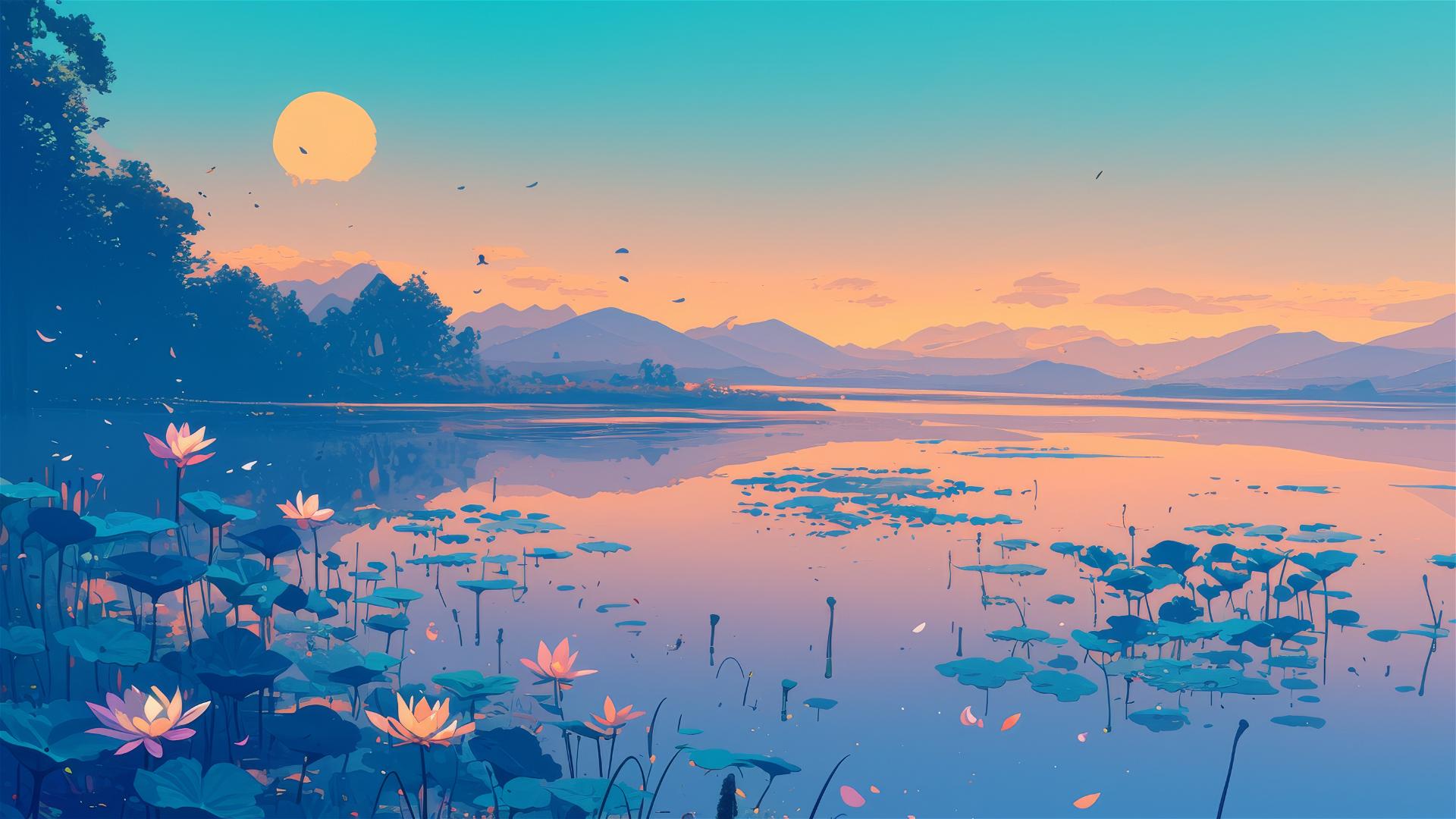 Serene lakeside with blooming lotuses and mist at dawn