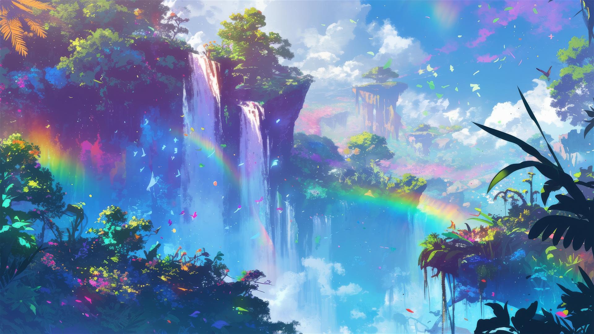 Misty rainbow waterfall with colorful flora reflections