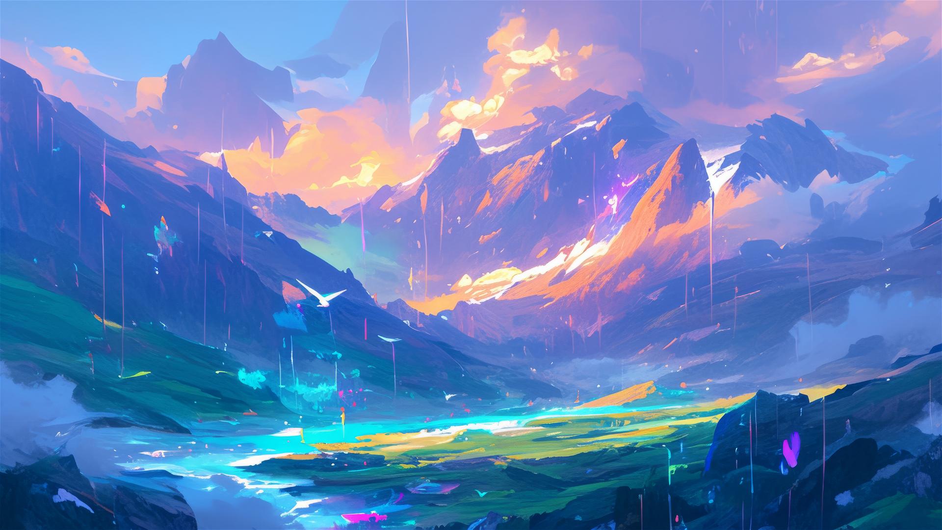 Holographic rain in mountain with eagle and peak reflections