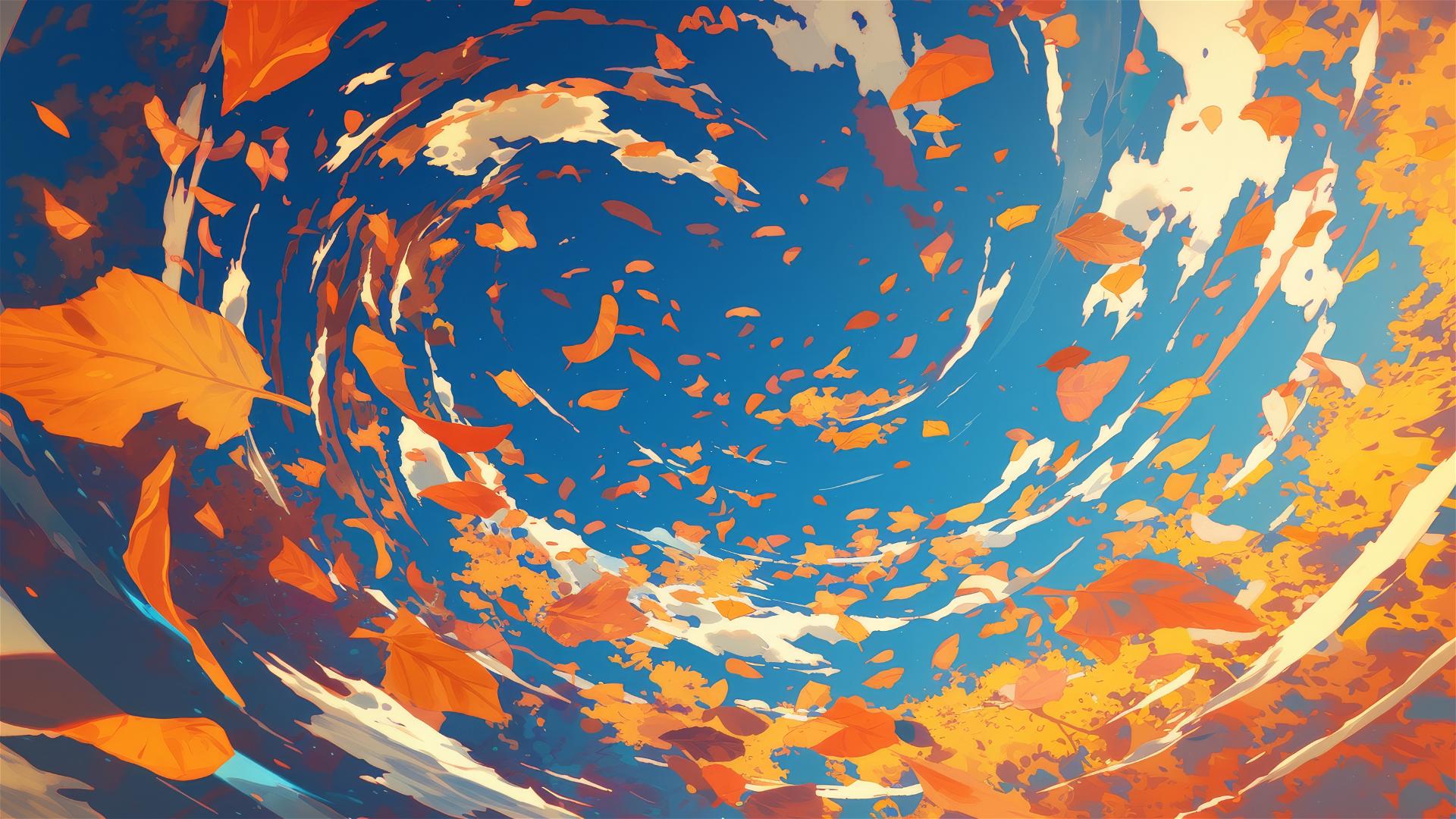Autumn leaves in tornado vortex within a forest