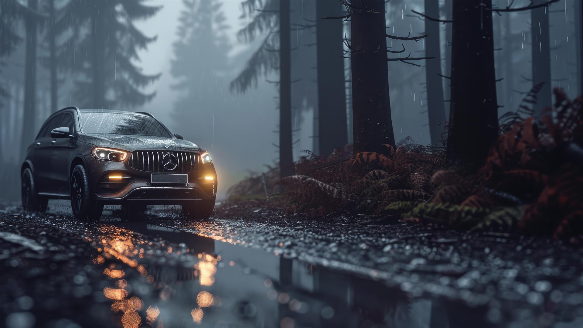 Gothic gloomy Mercedes-Benz GLC in dim lighting, close-up view in foggy photorealistic setting in 8K smooth detail.