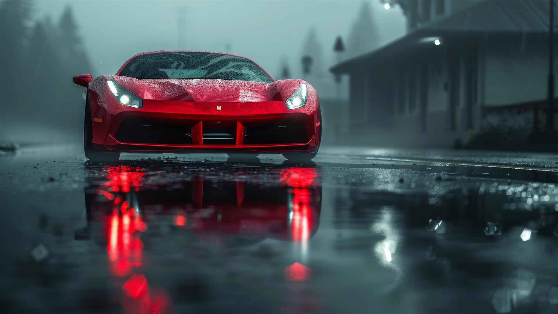 Close-up of a Ferrari 488 in foggy, dimly lit, gothic setting