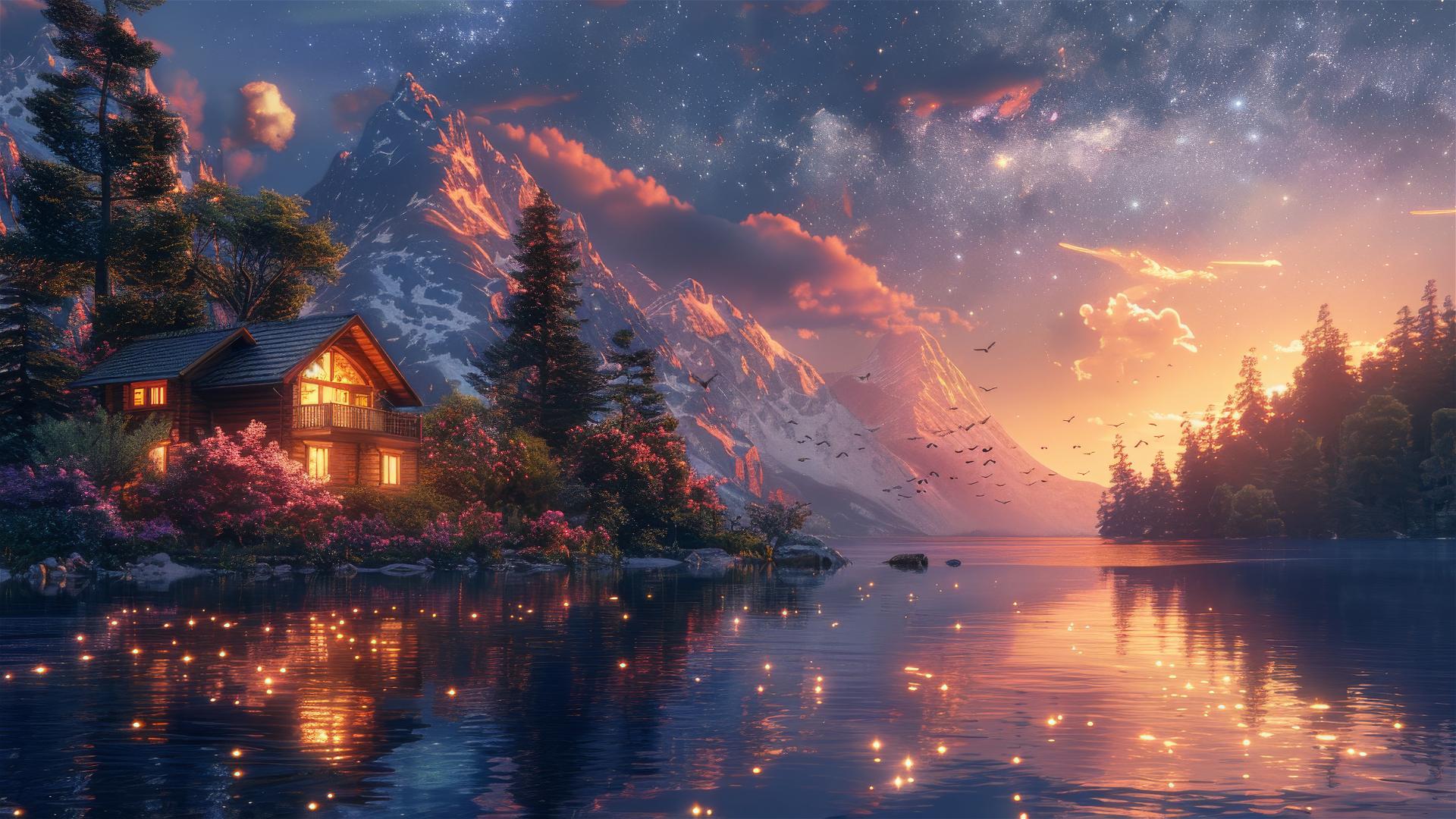 Painting of a cozy cabin by a floral lake at night under a starry sky