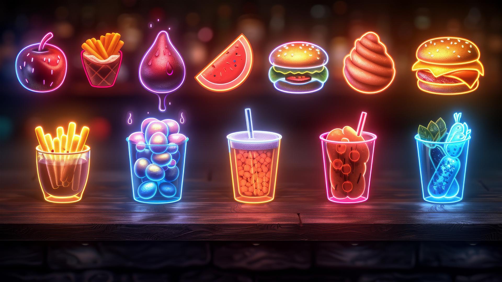 Colorful food icons on frosted glass with neon light and dark background