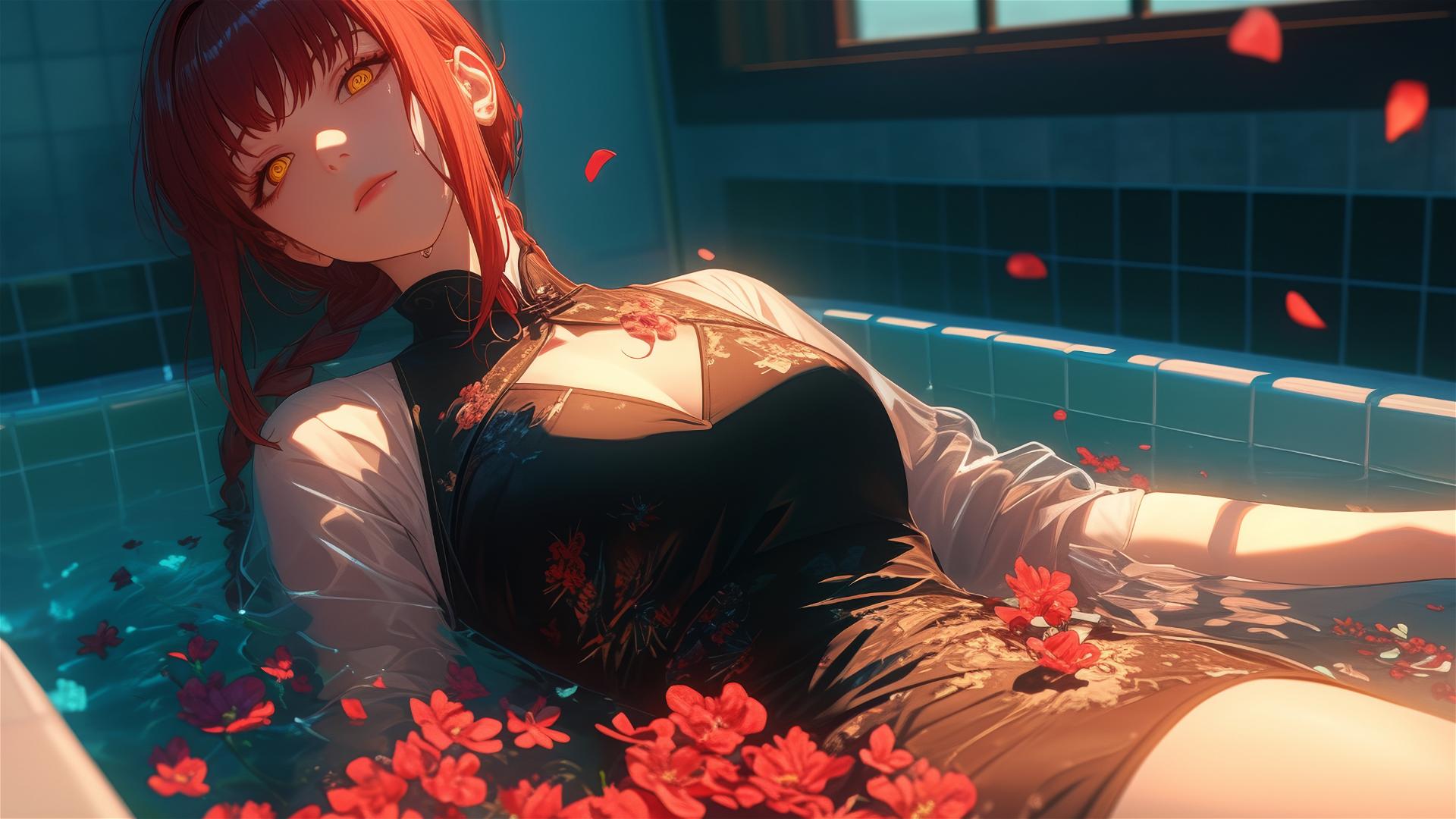 Makima from Chainsaw Man in a tub with flowers, inside a Chinese spa