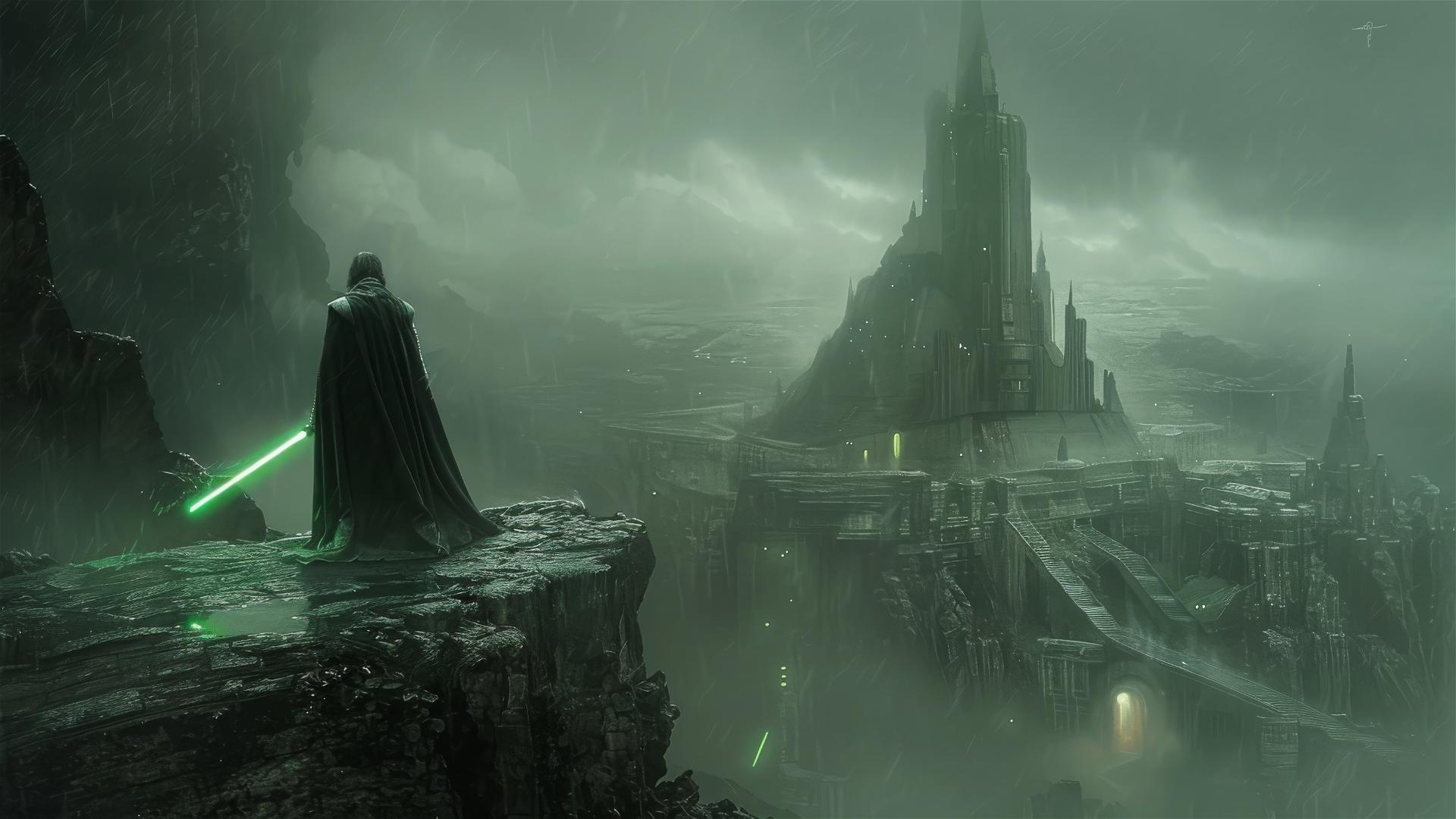 Jedi in rain on cliff with green lightsaber overlooking dark temple