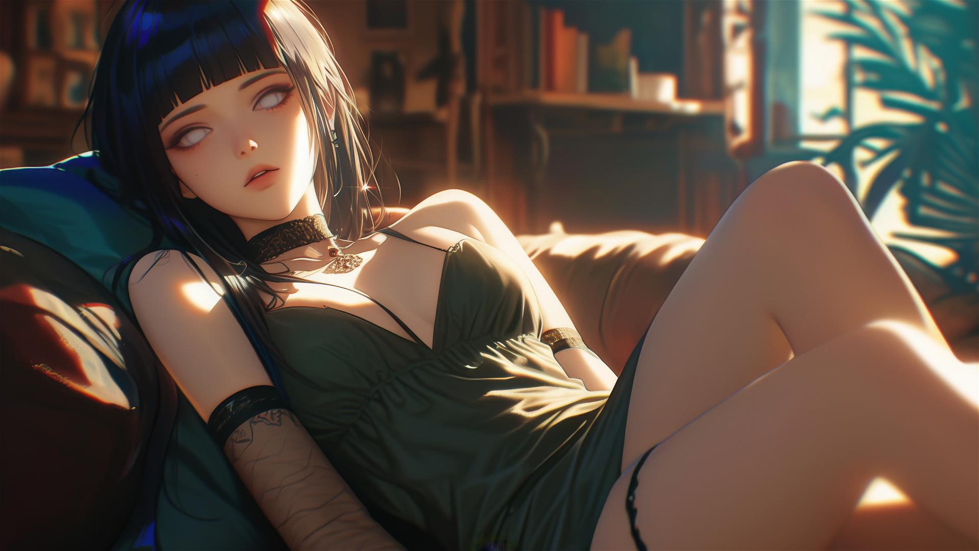 Hinata Hyuga resting at a modern hotel under warm light