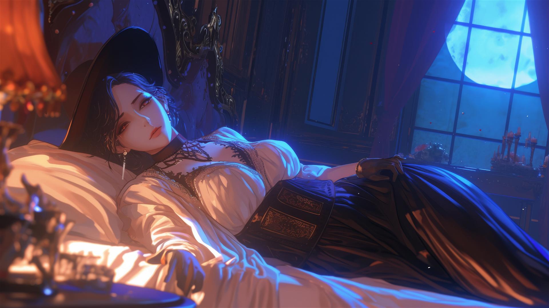 Lady Dimitrescu from Resident Evil resting on a modern hotel bed illuminated by moonlight
