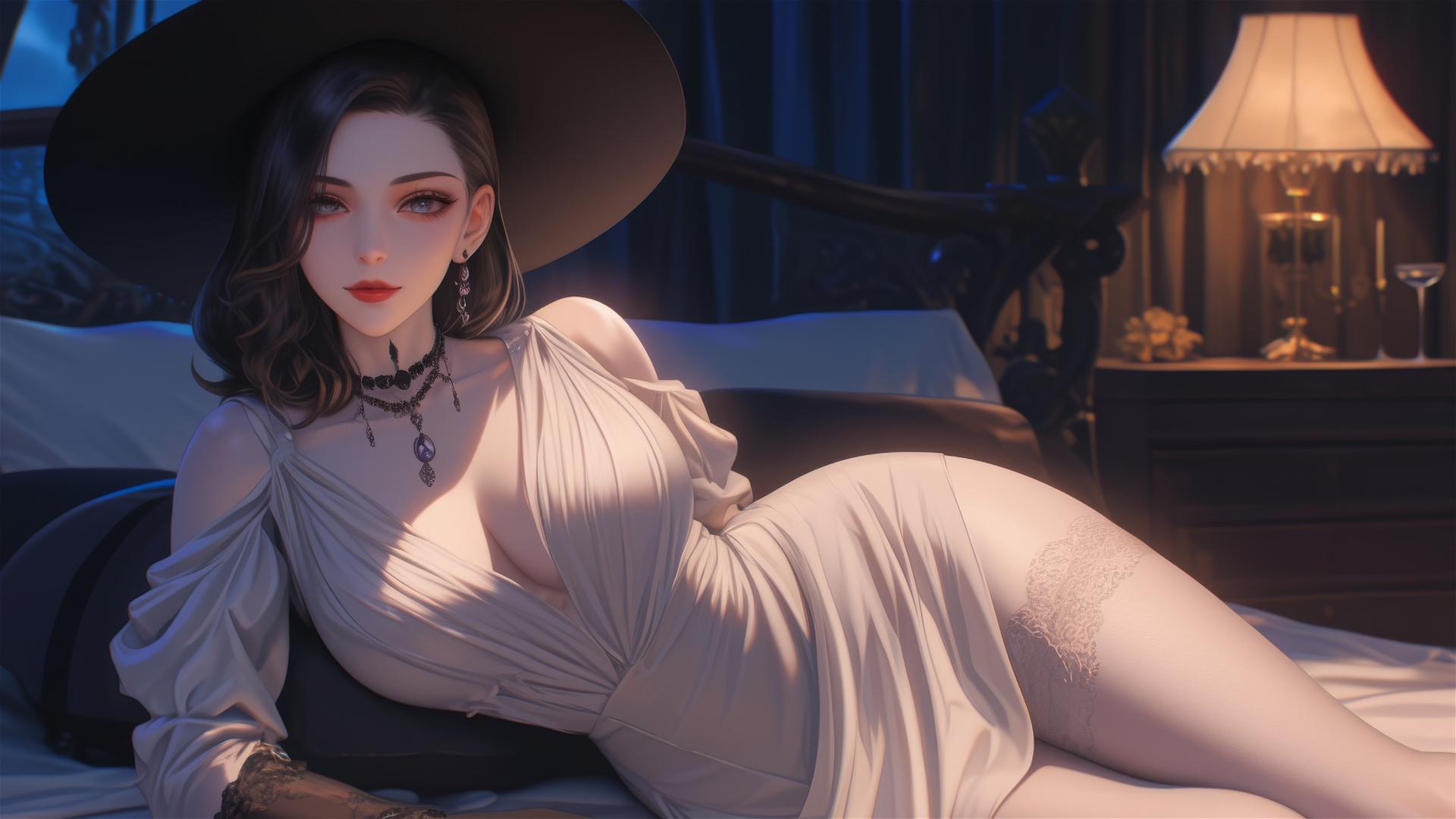 Lady Dimitrescu resting on a modern hotel bed under moonlight, pale skin, gothic elegance.
