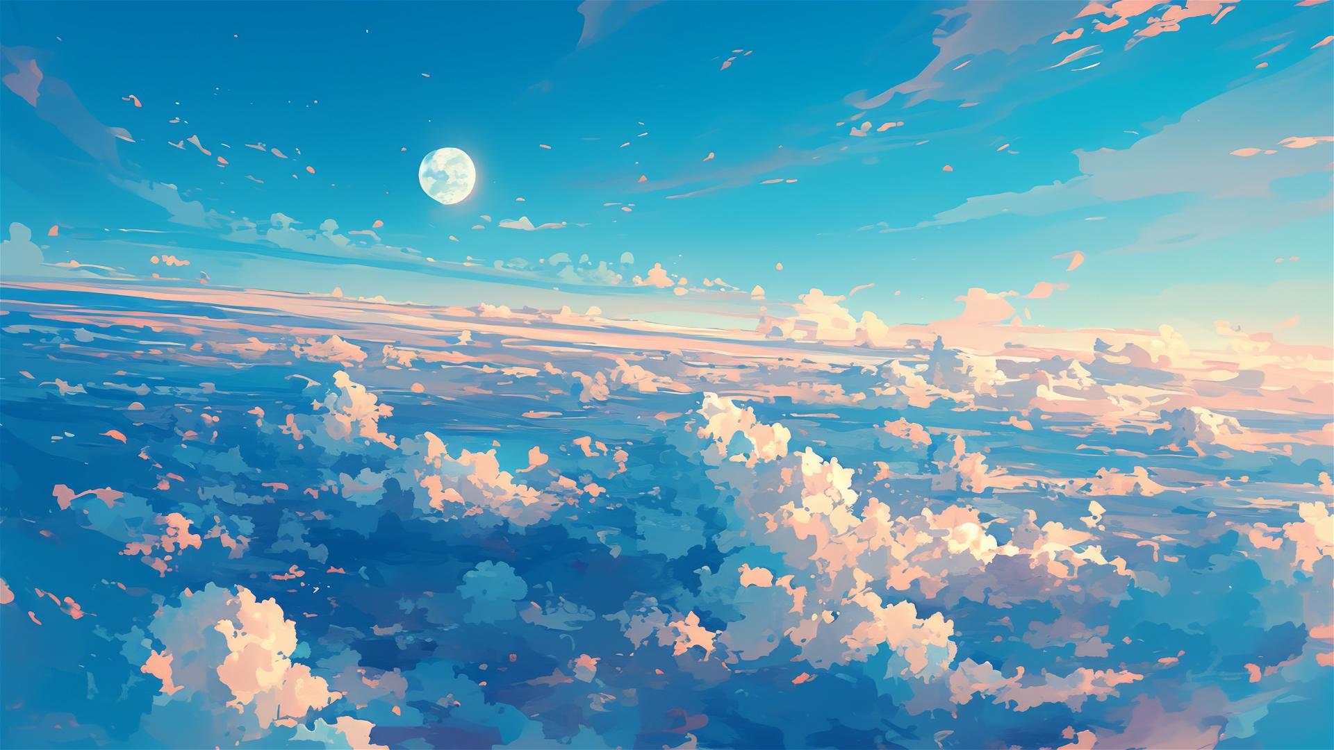 high-altitude clouds from above with soft textures under a gentle moonrise