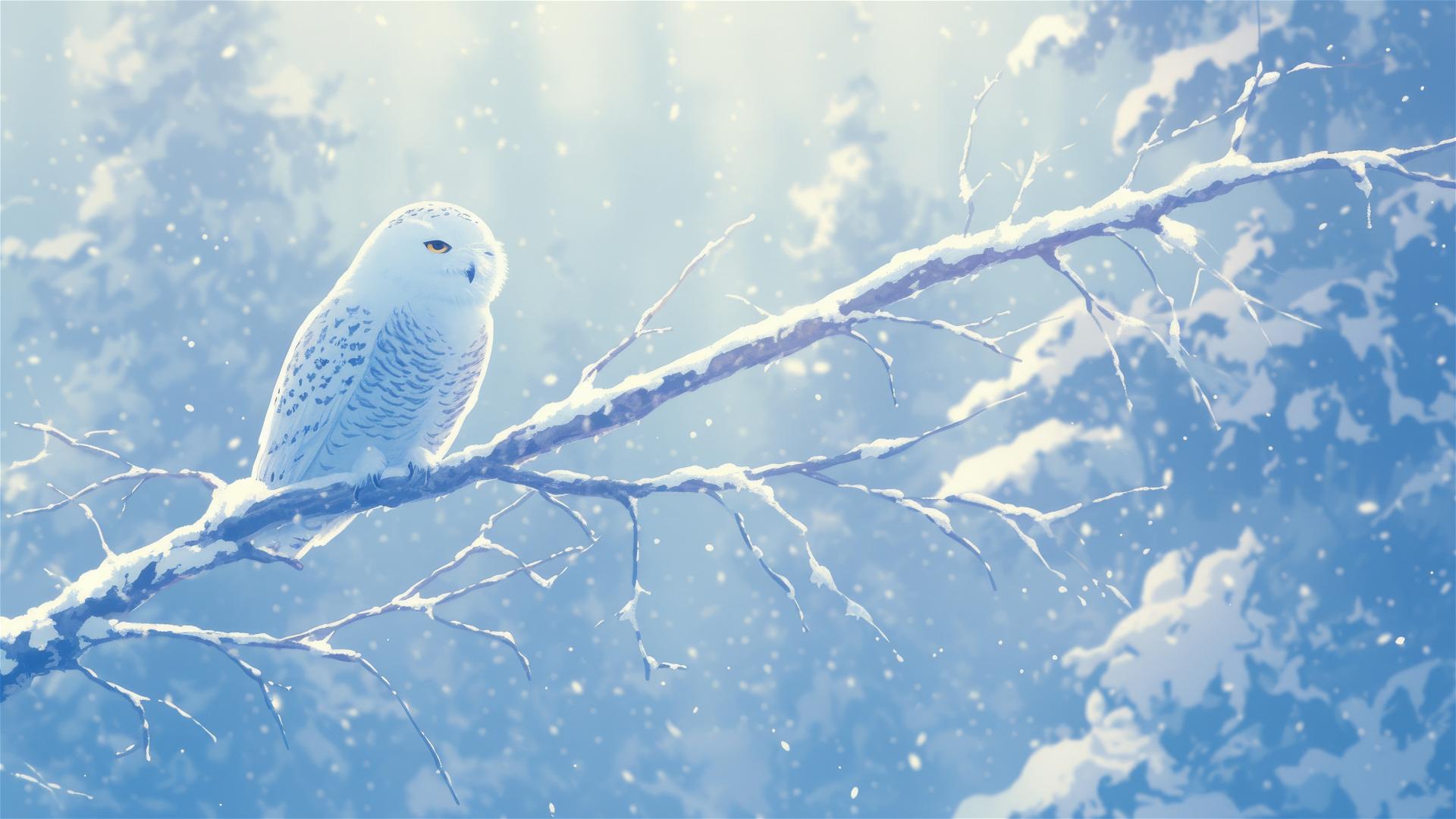 Snowy owl on frosty branch during snowfall
