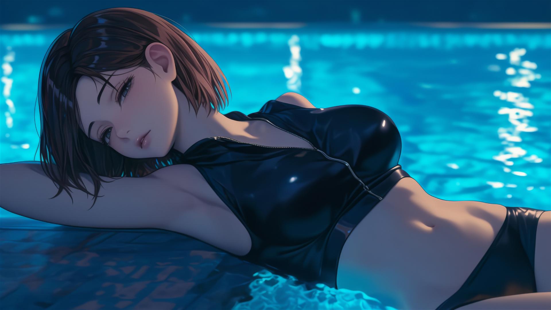 Nobara Kugisaki from Jujutsu Kaisen by a rainy swimming pool, moonlight glow
