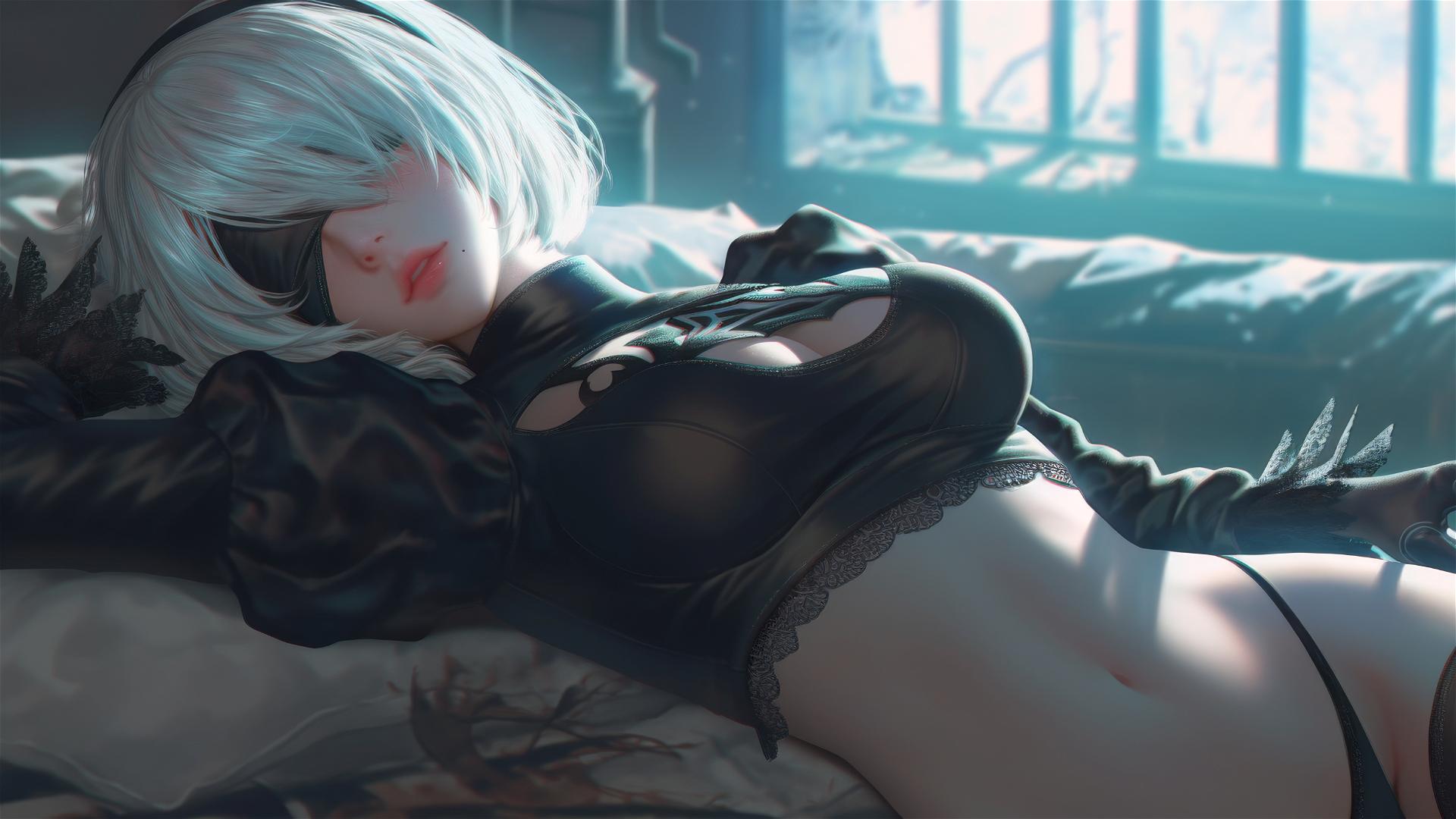 2B from Nier resting in a modern hotel room with moonlight glow