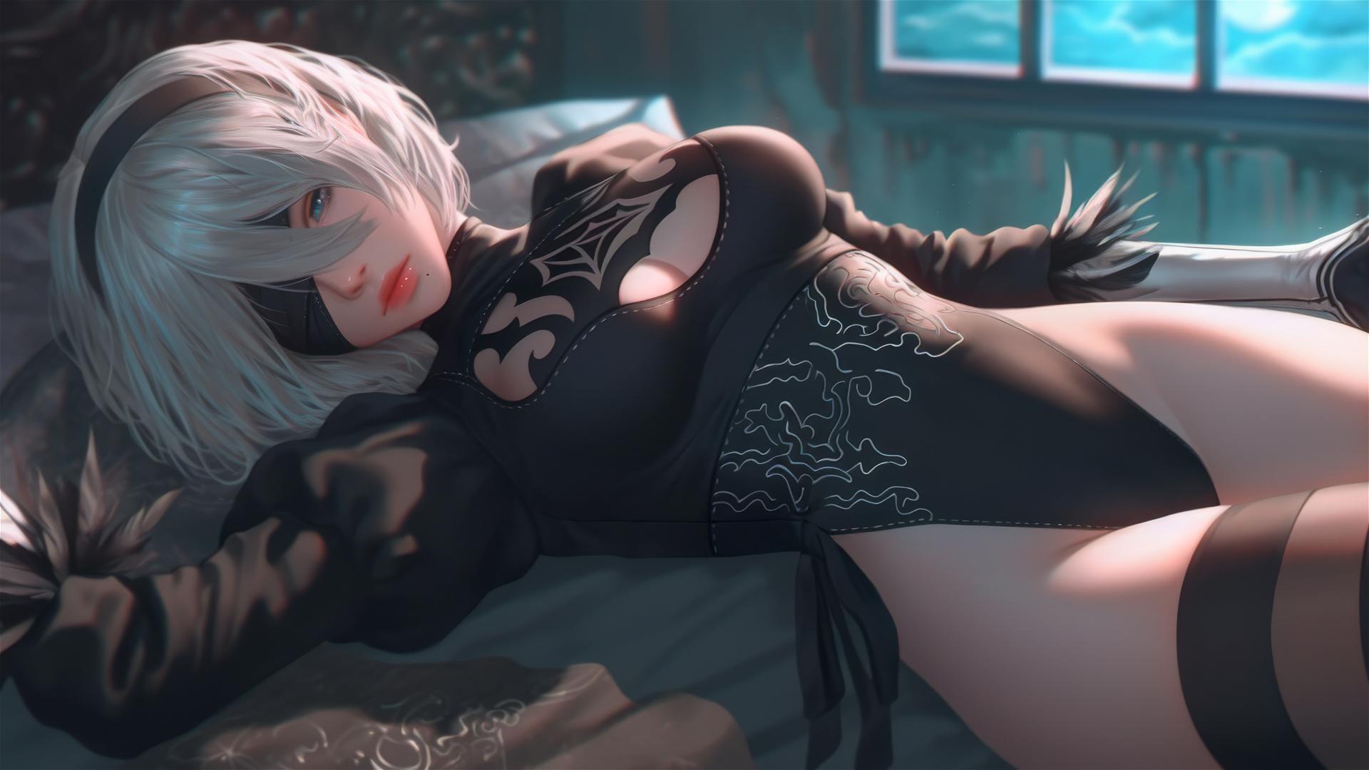 2B from Nier resting in a modern hotel room with moonlight glow