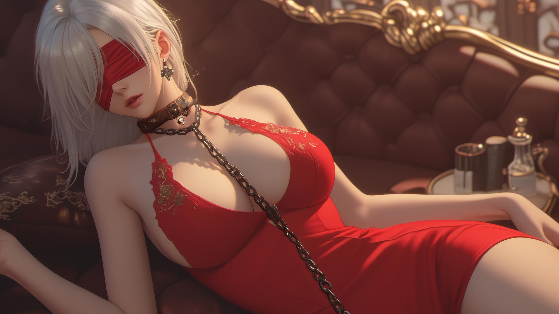 2B from Nier in red, chained at neck, warm light, in modern apartment tub.