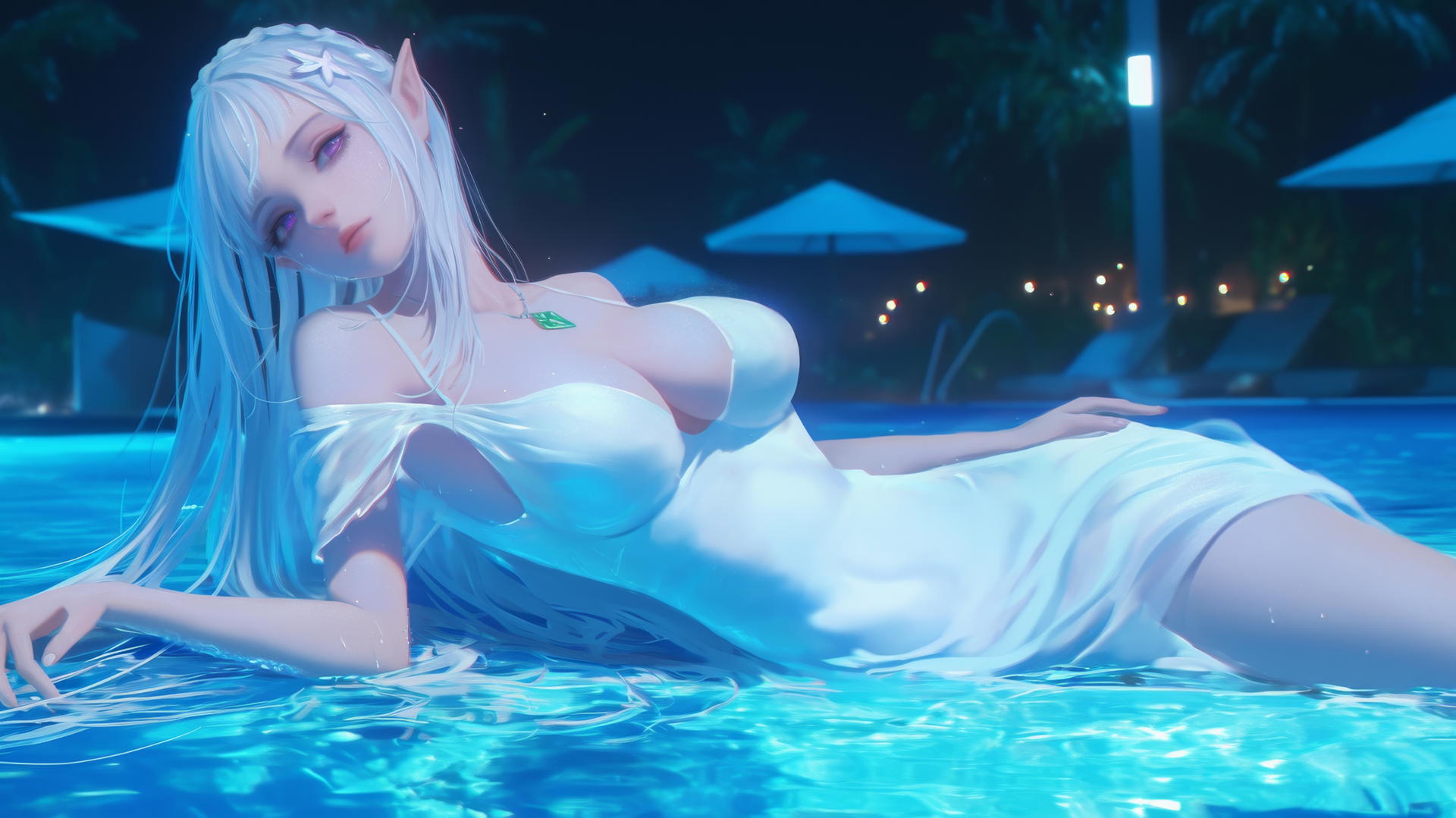 Emilia from Re:Zero resting by the swimming pool under moonlight