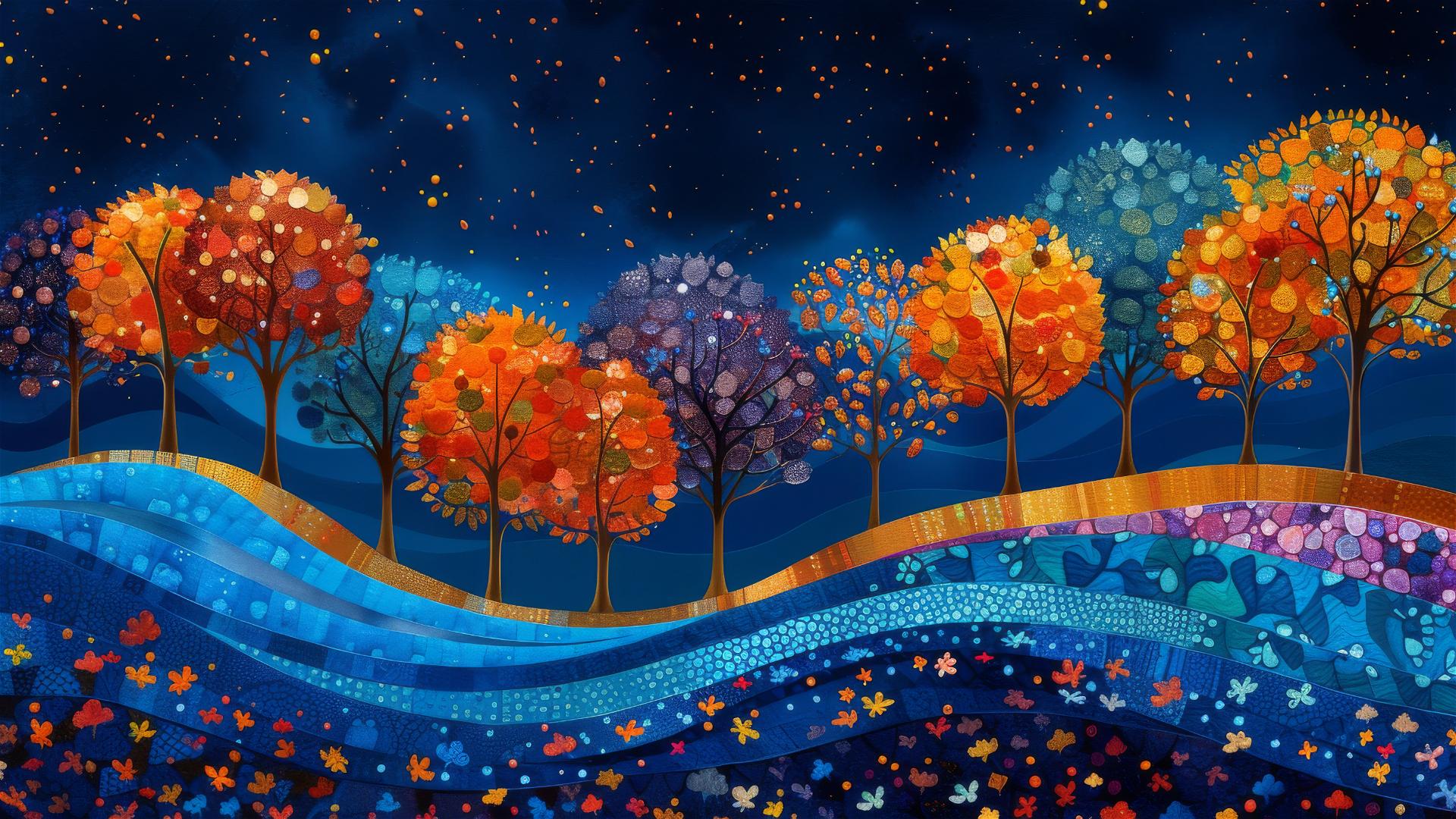 forest scene with hidden creatures, autumn leaves, starry night, sunset, loneliness