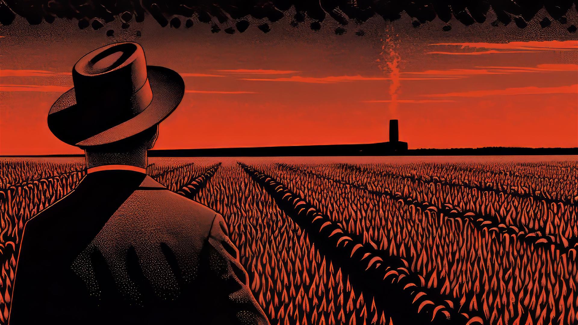 Surreal comic style man in hat observing a dark corn field