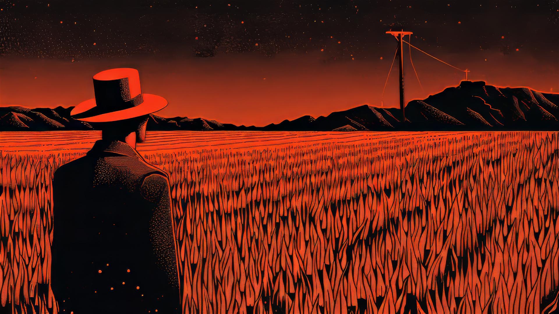 Surreal comic style art of a man in a hat looking over a corn field