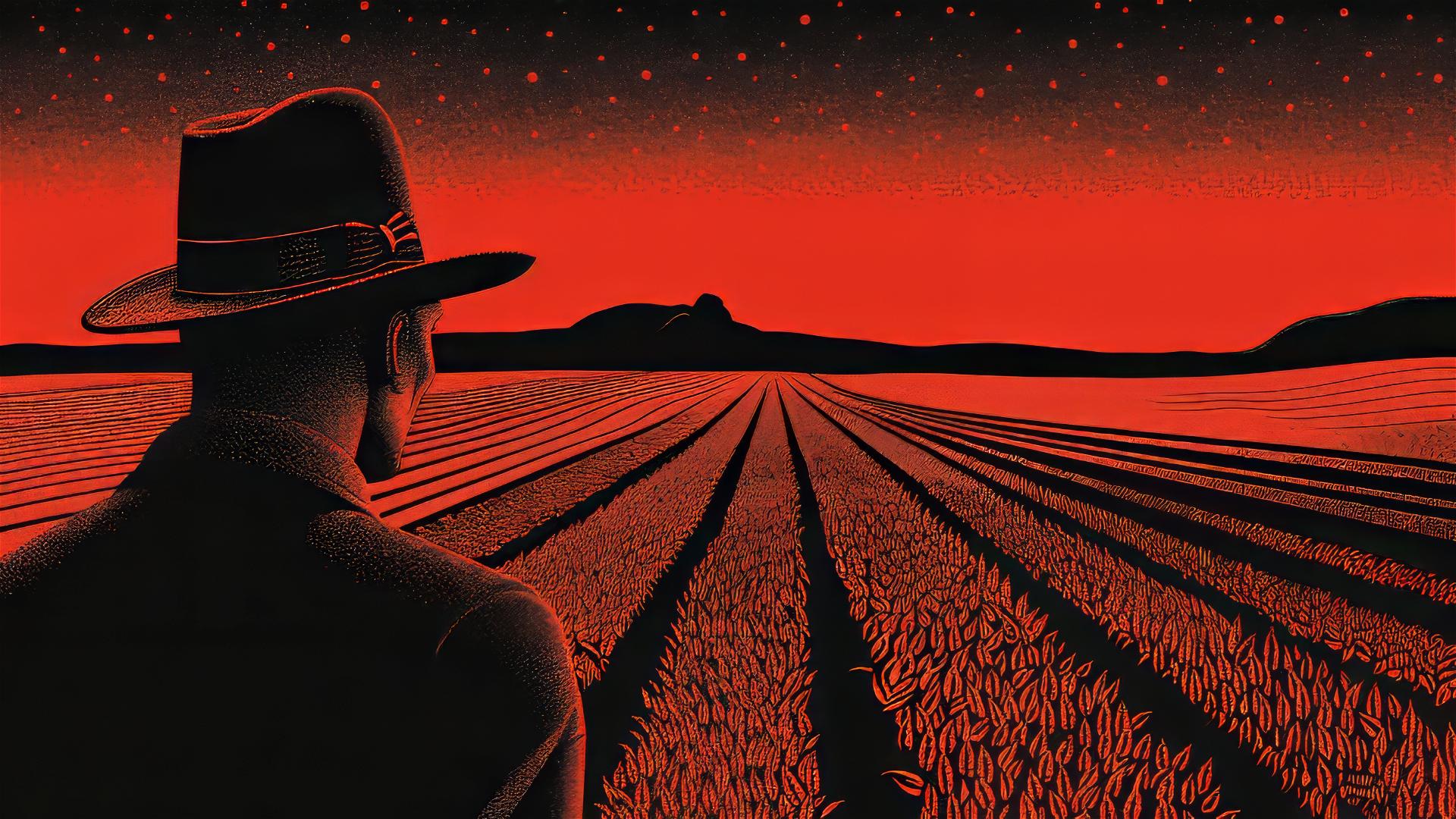 Surreal comic art of a man in a hat looking at a cornfield with dark aesthetic.