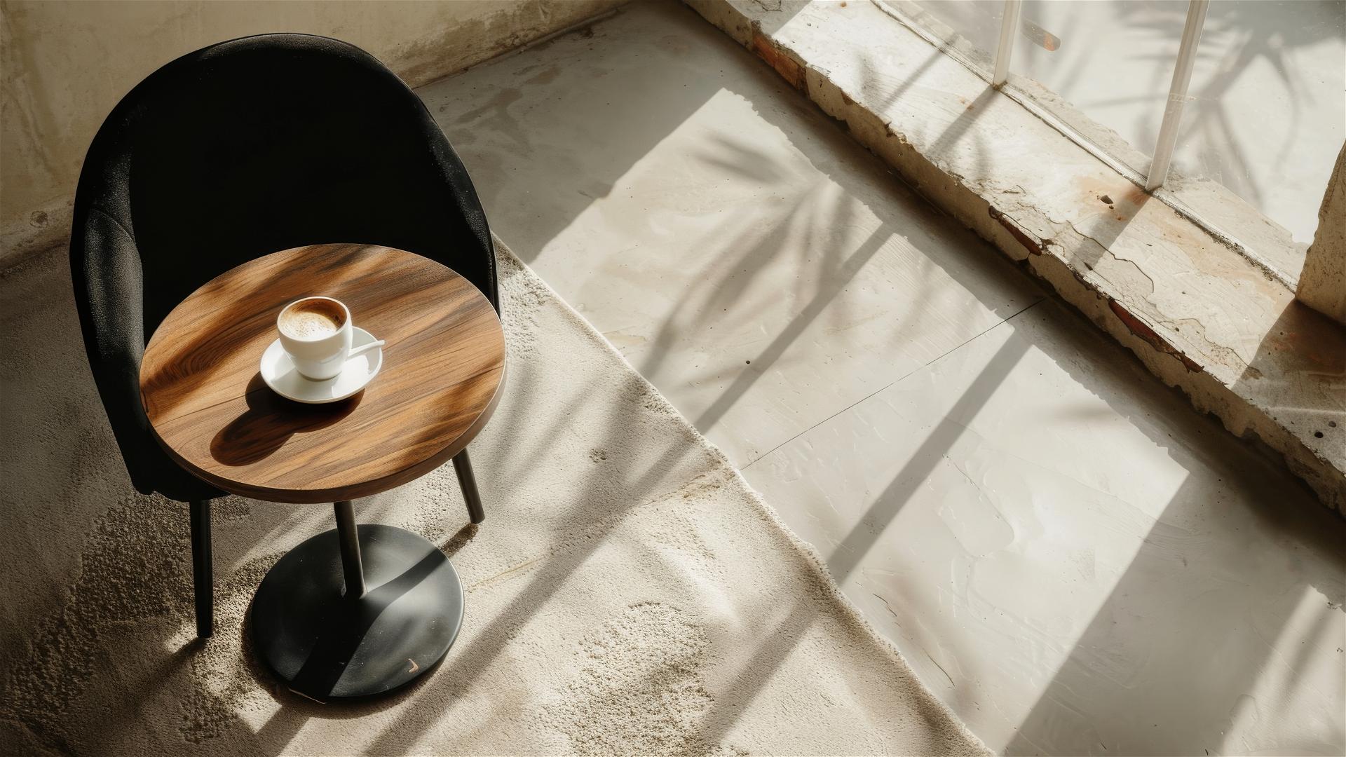 Minimalist coffee shop with a black chair, wood table, white coffee cup, and beige wall