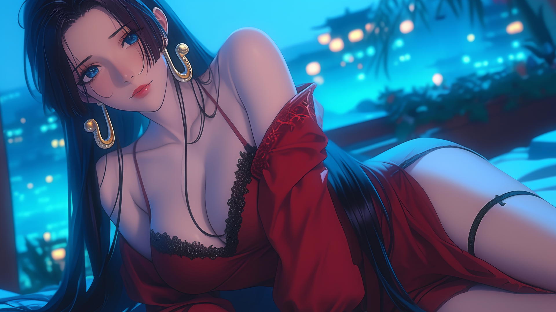 Boa Hancock from One Piece kneeling in a red outfit, illuminated by neon hotel light.
