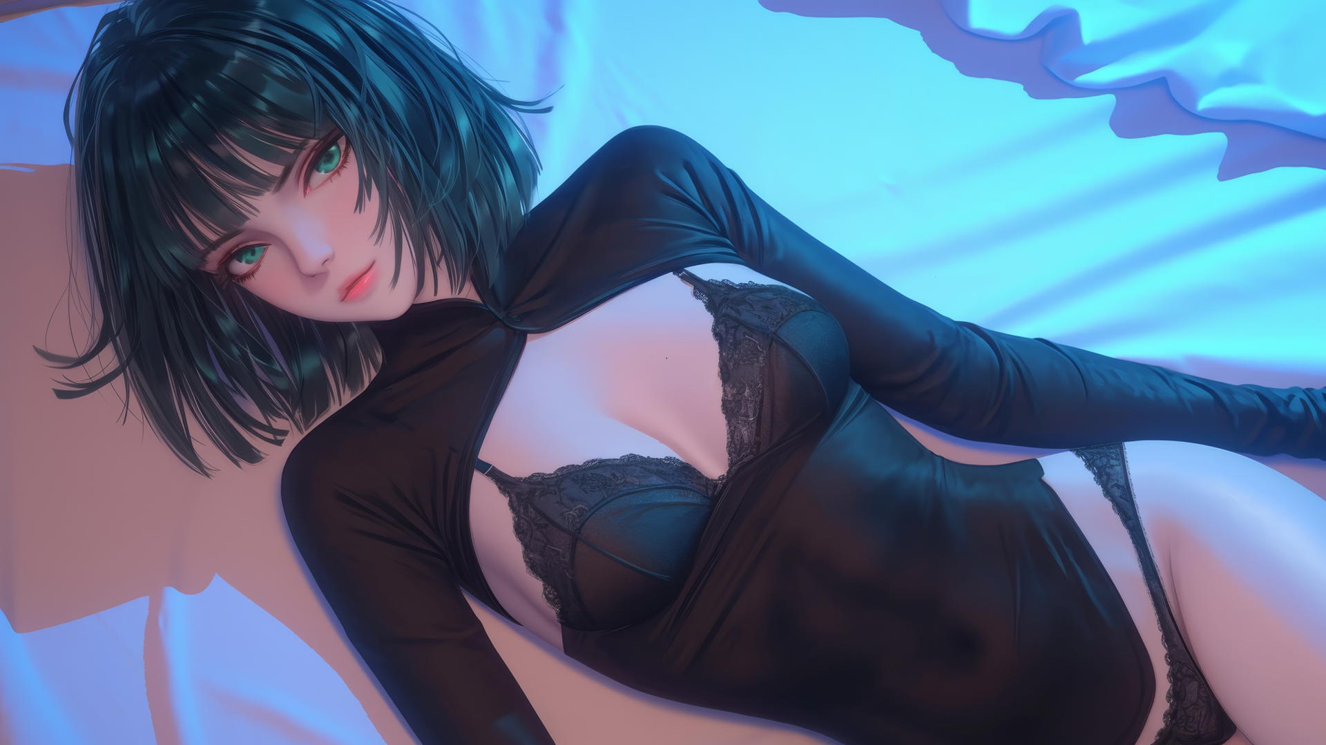 Fubuki from One Punch Man kneeling, looking up, neon-lit hotel room