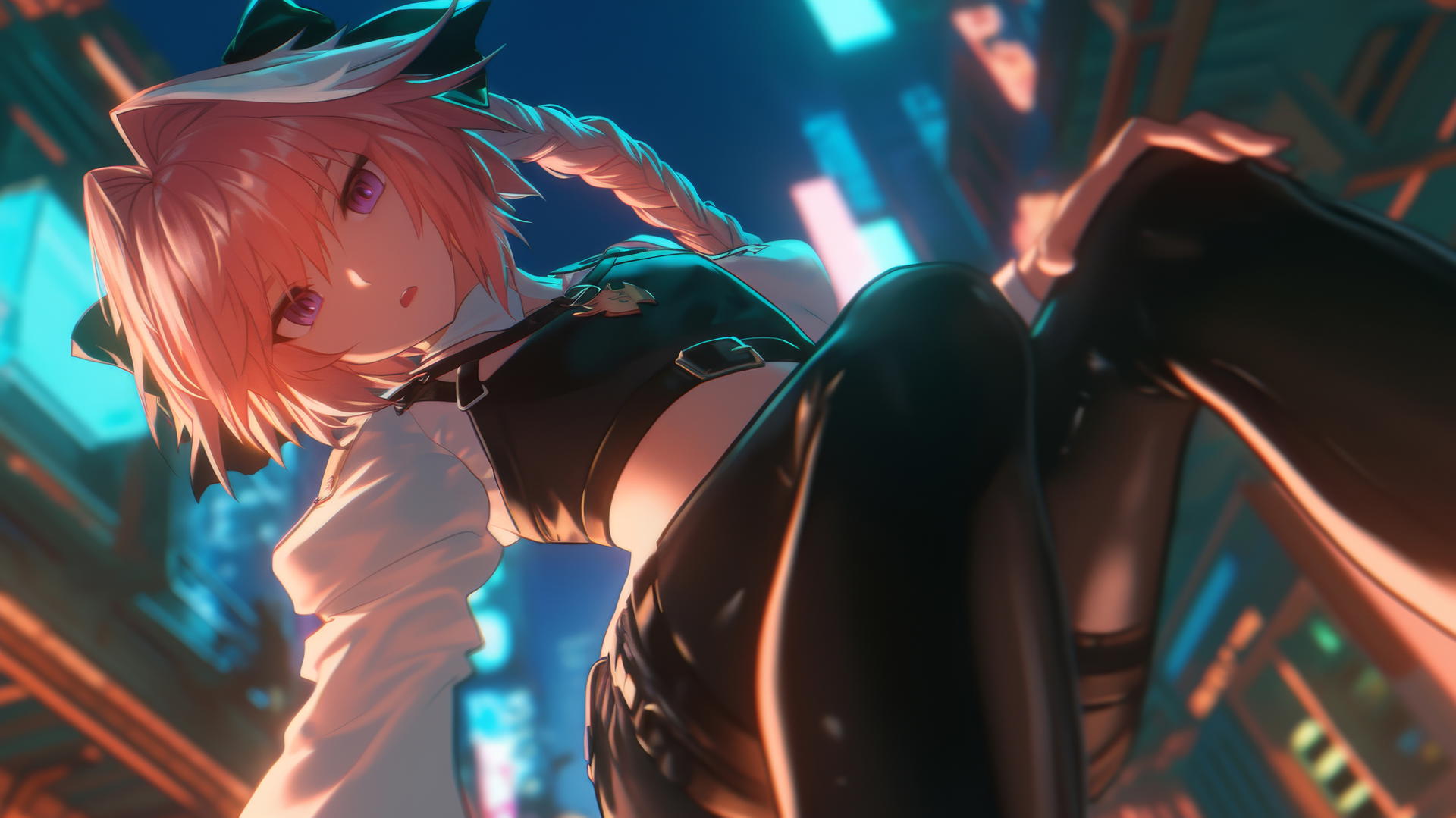 Astolfo from Type Moon kneeling with warm light casting a soft glow, seen from below.