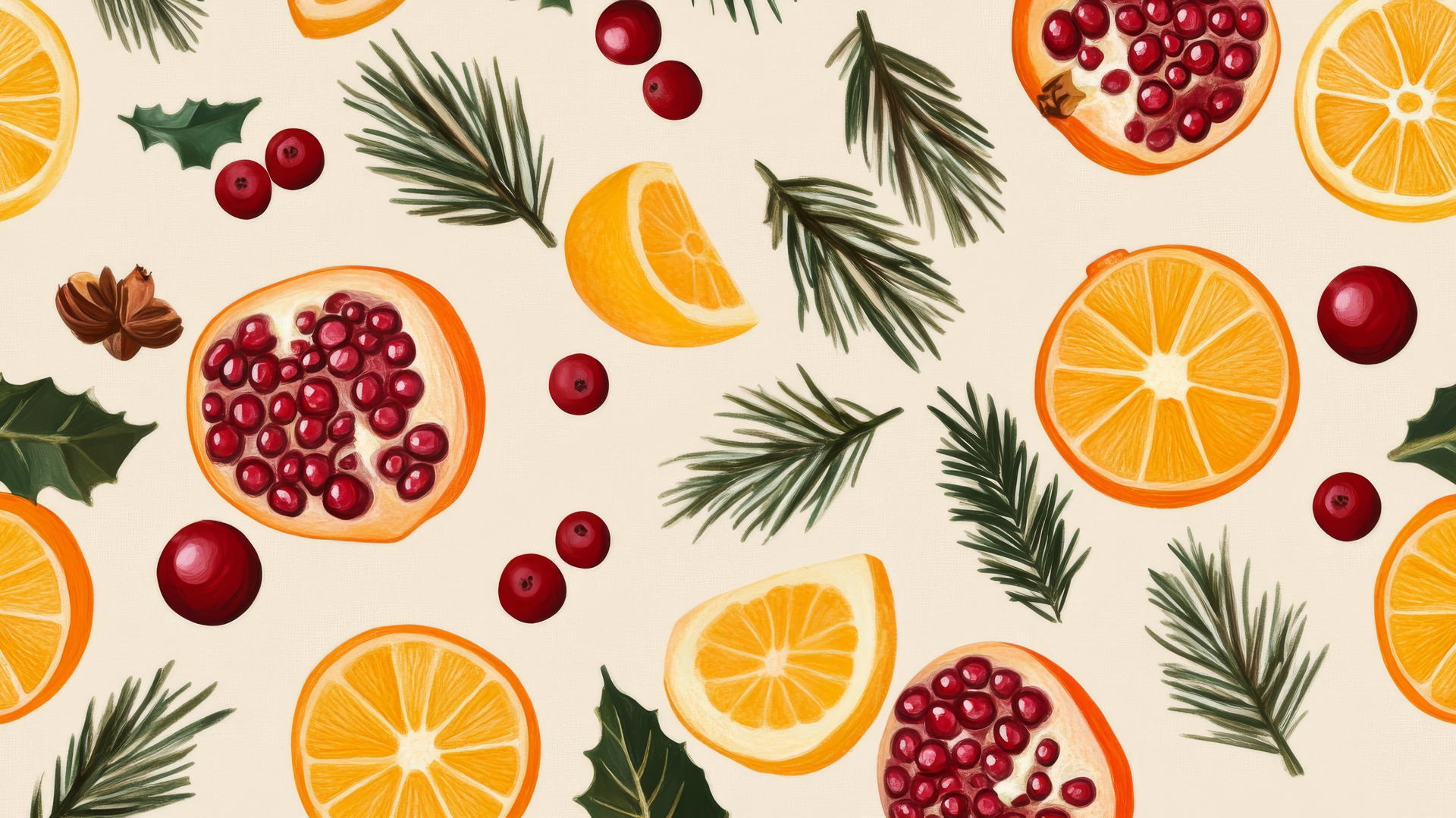 aesthetic preppy Christmas wallpaper with cranberries, oranges, pomegranates on soft beige background