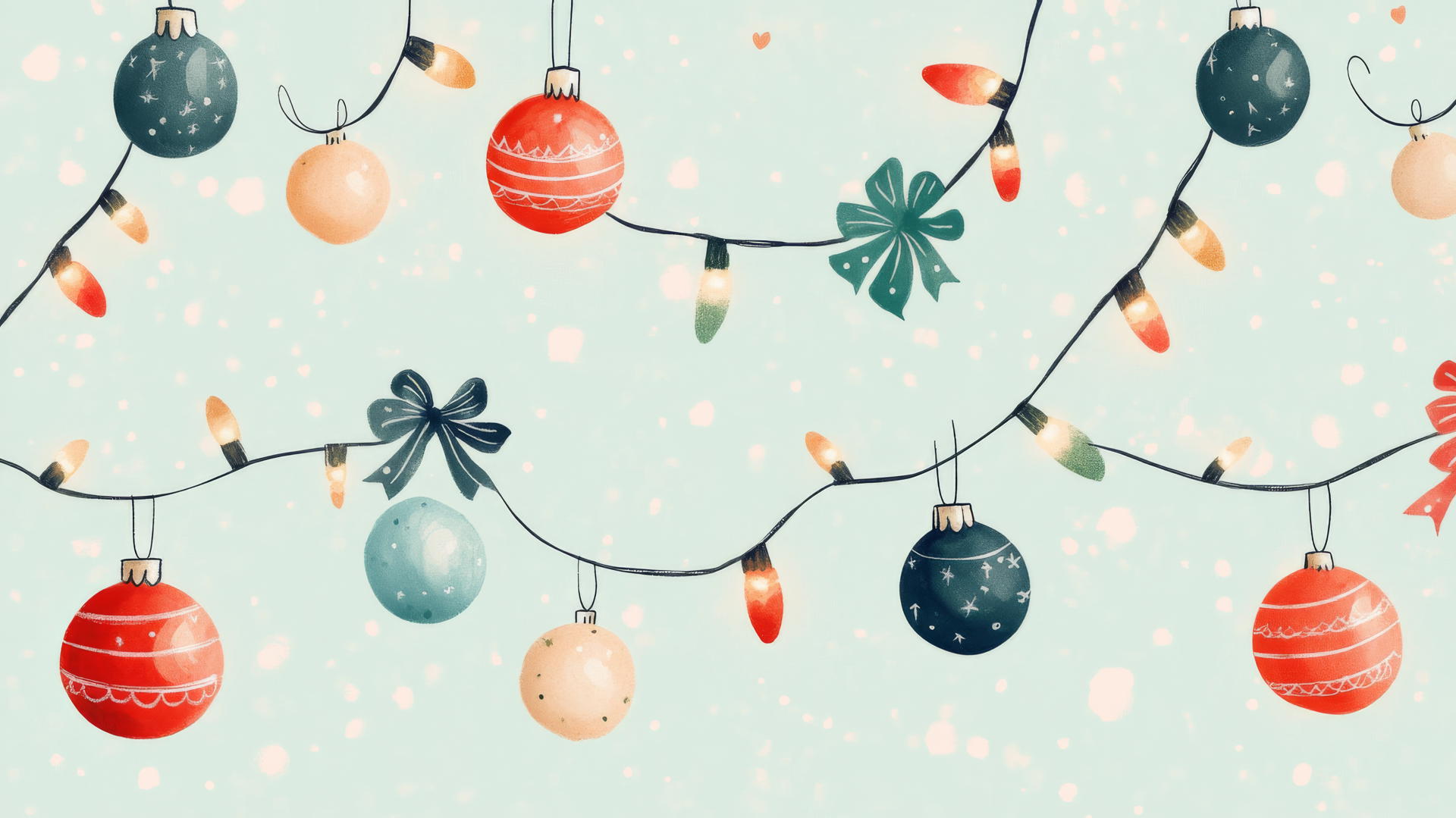 Cute preppy Christmas wallpaper with pastel lights and baubles